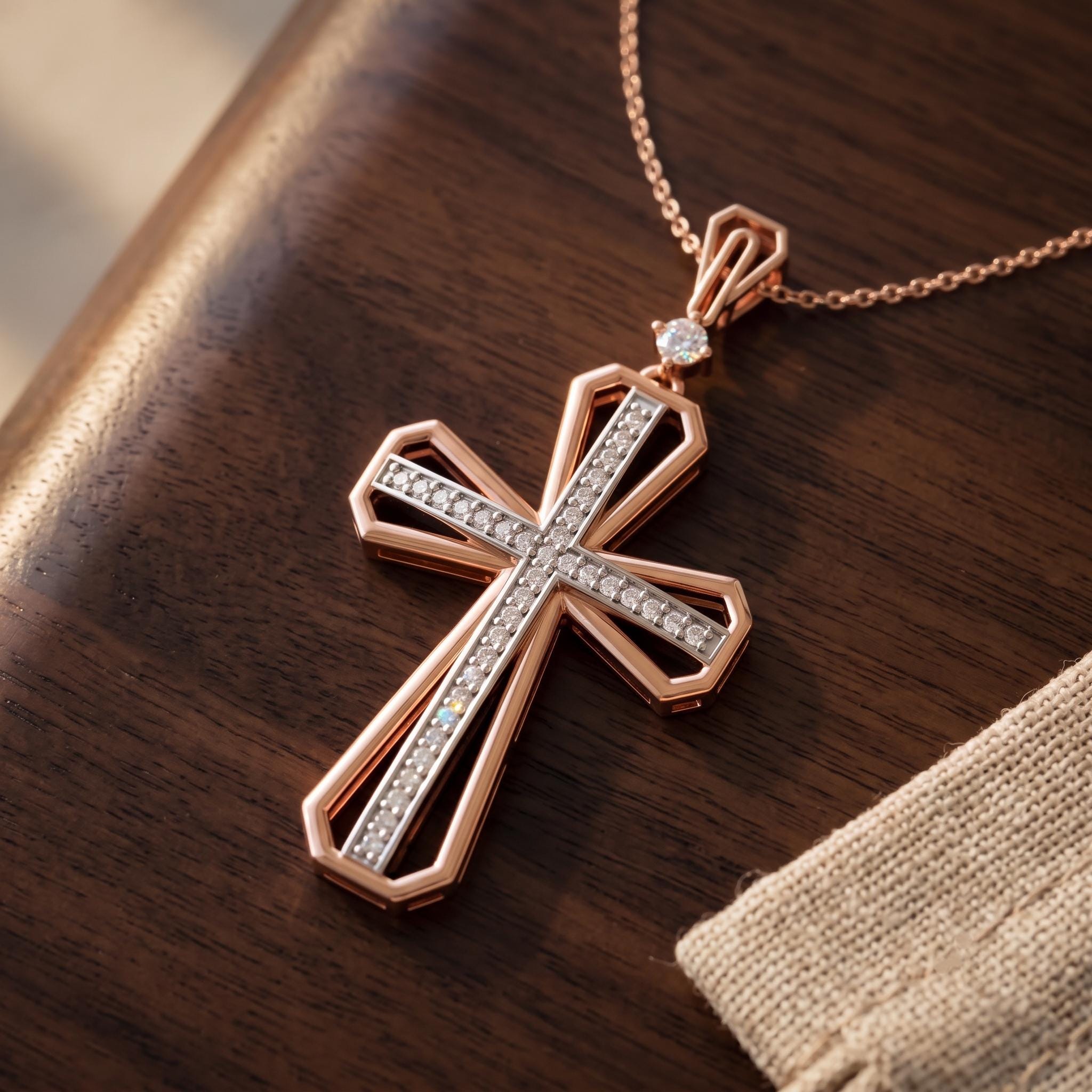 Two-Tone Moissanite Cross Necklace, 925 Sterling Silver Christian Charm Pendant (18" Chain)