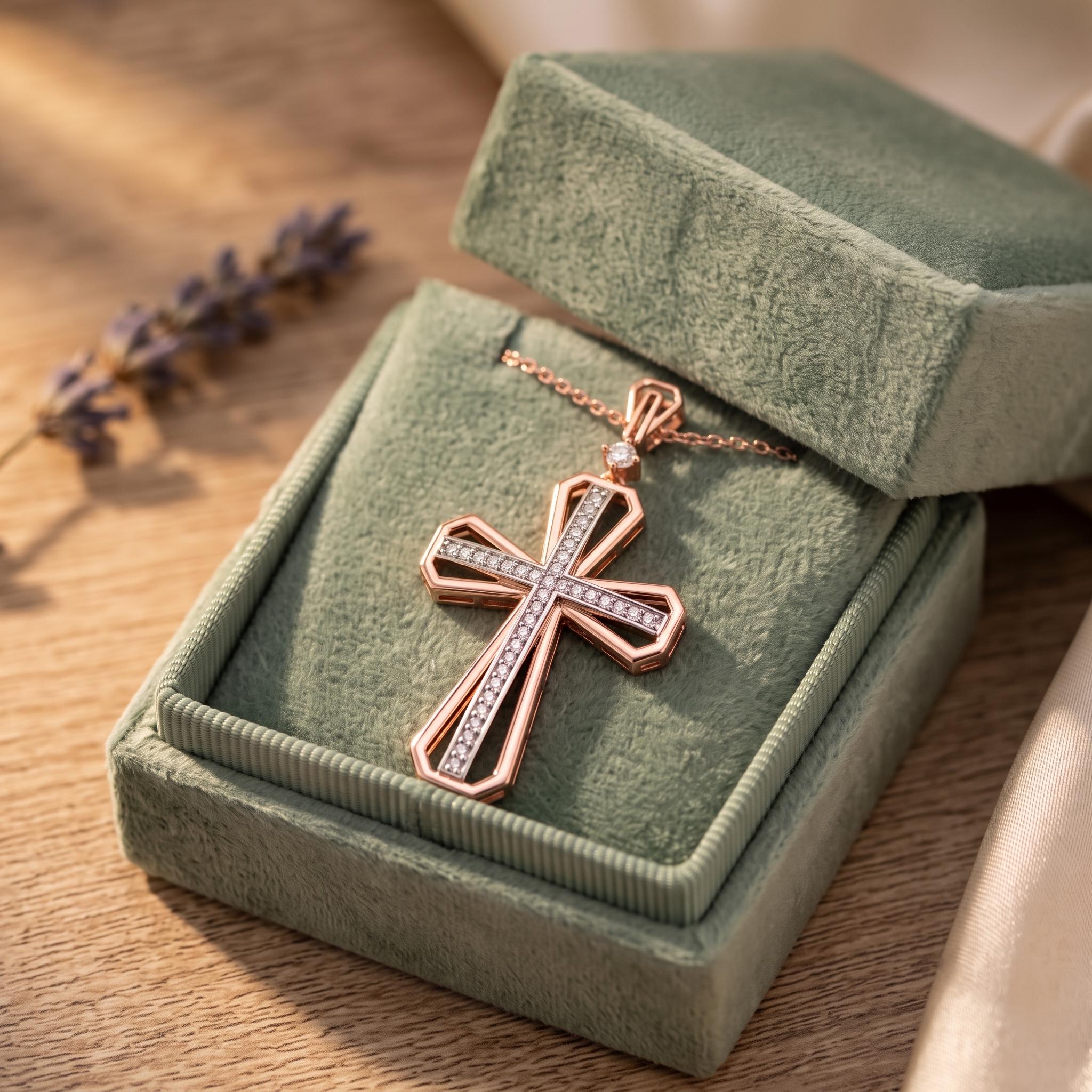 Two-Tone Moissanite Cross Necklace, 925 Sterling Silver Christian Charm Pendant (18" Chain)