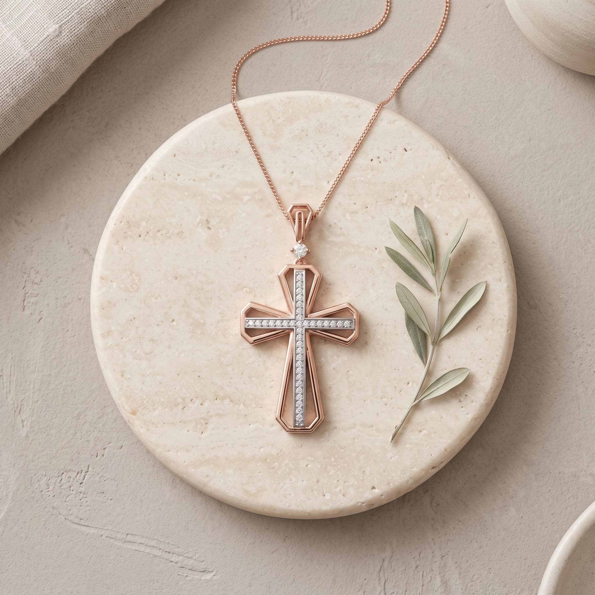 Two-Tone Moissanite Cross Necklace, 925 Sterling Silver Christian Charm Pendant (18" Chain)