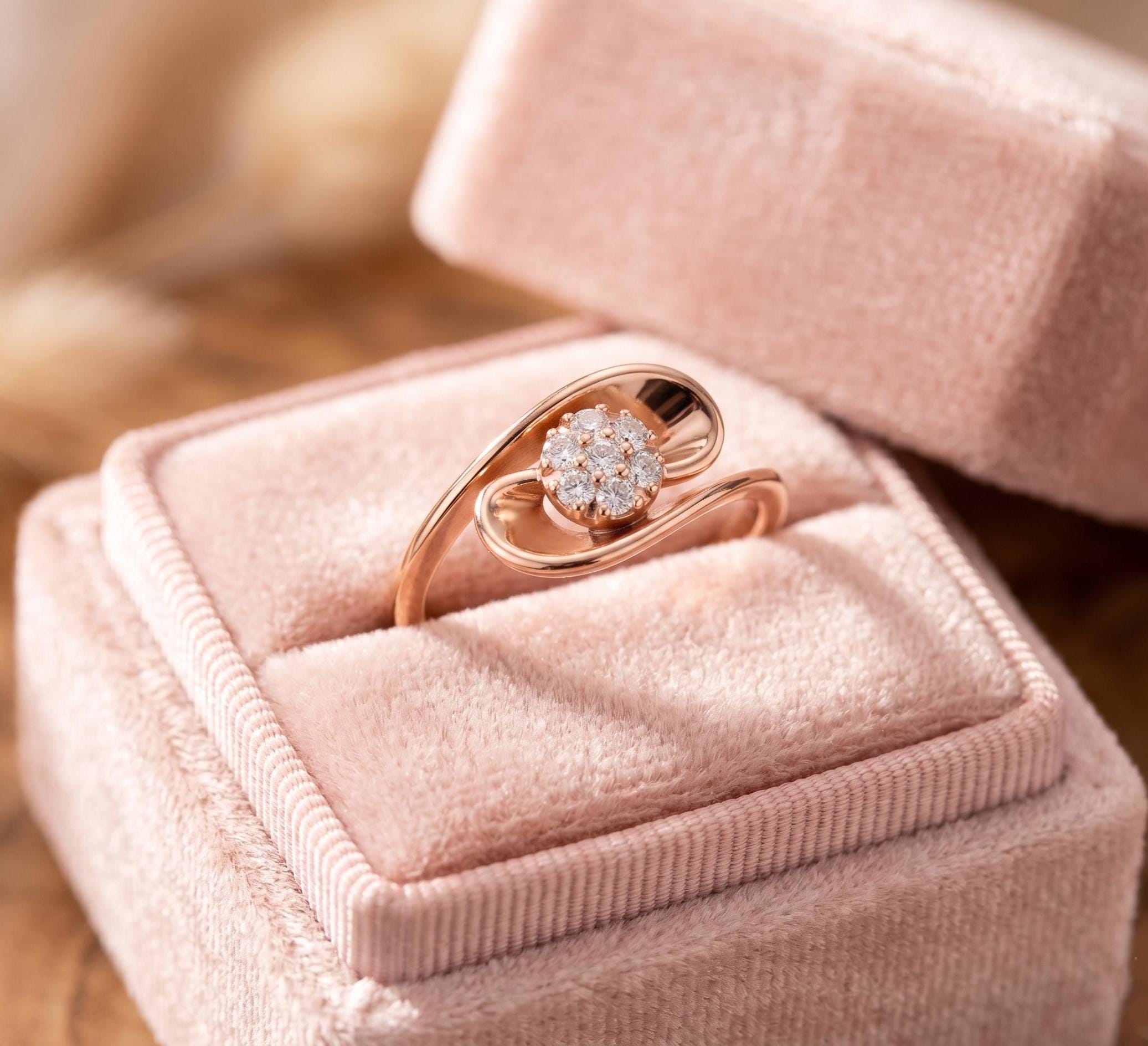 14K Solid Gold Calla Lily Moissanite Ring, Swirl Bypass Nature Inspired Jewelry