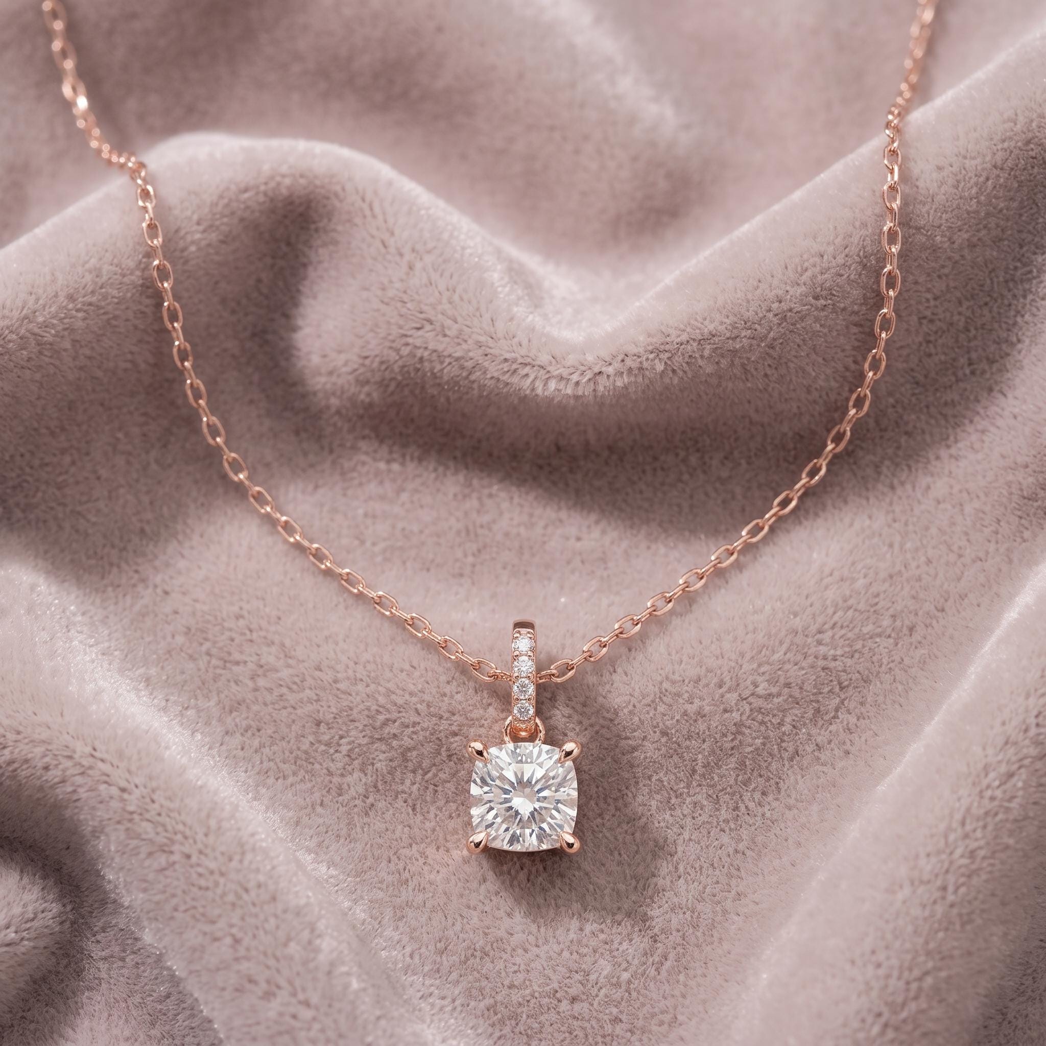 Cushion Cut Moissanite Solitaire Pendant, 925 Sterling Silver, Rose Gold Plated Necklace