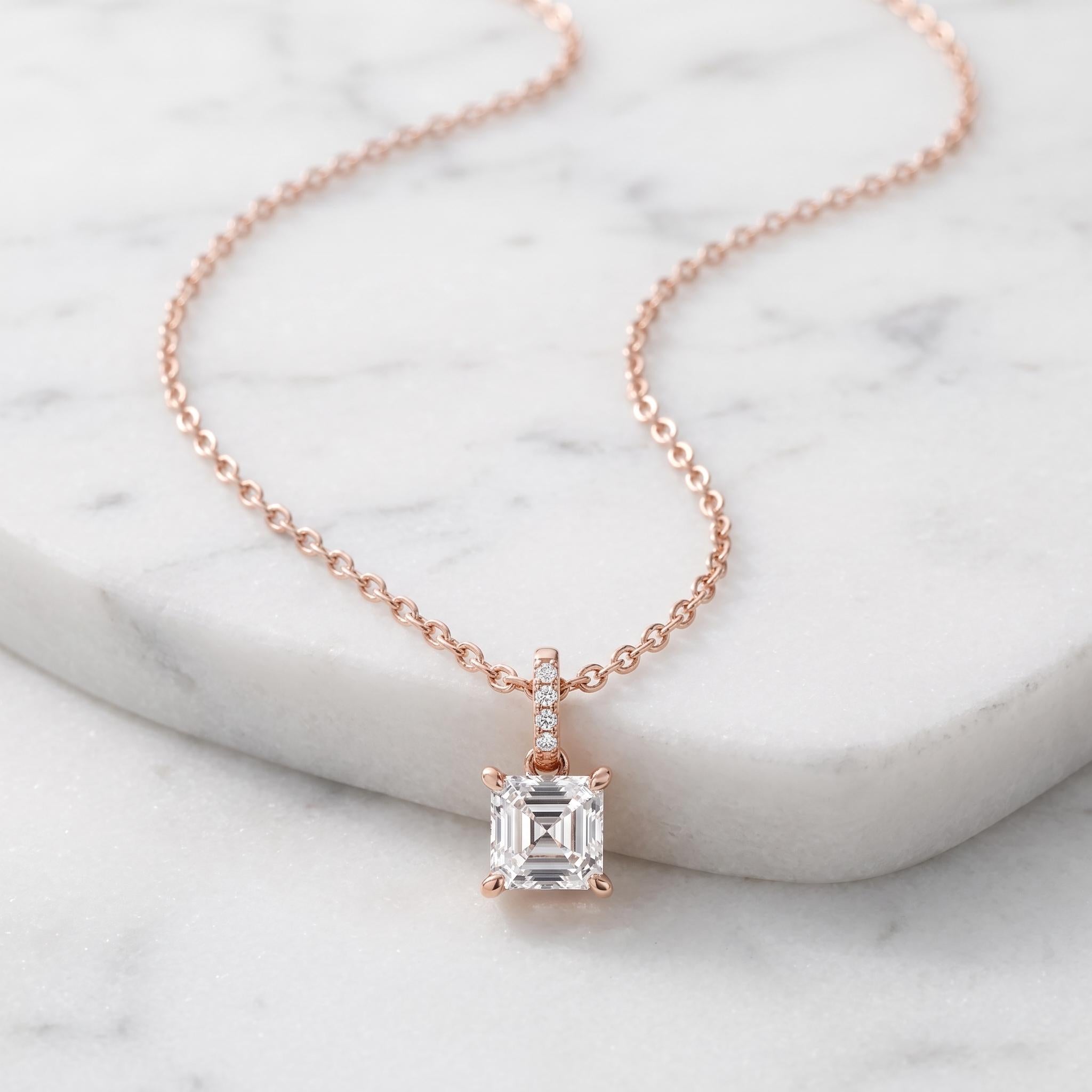 Asscher Cut Moissanite Pendant Necklace, 925 Sterling Silver, Rose Gold Plated, Minimalist Bridal Jewelry