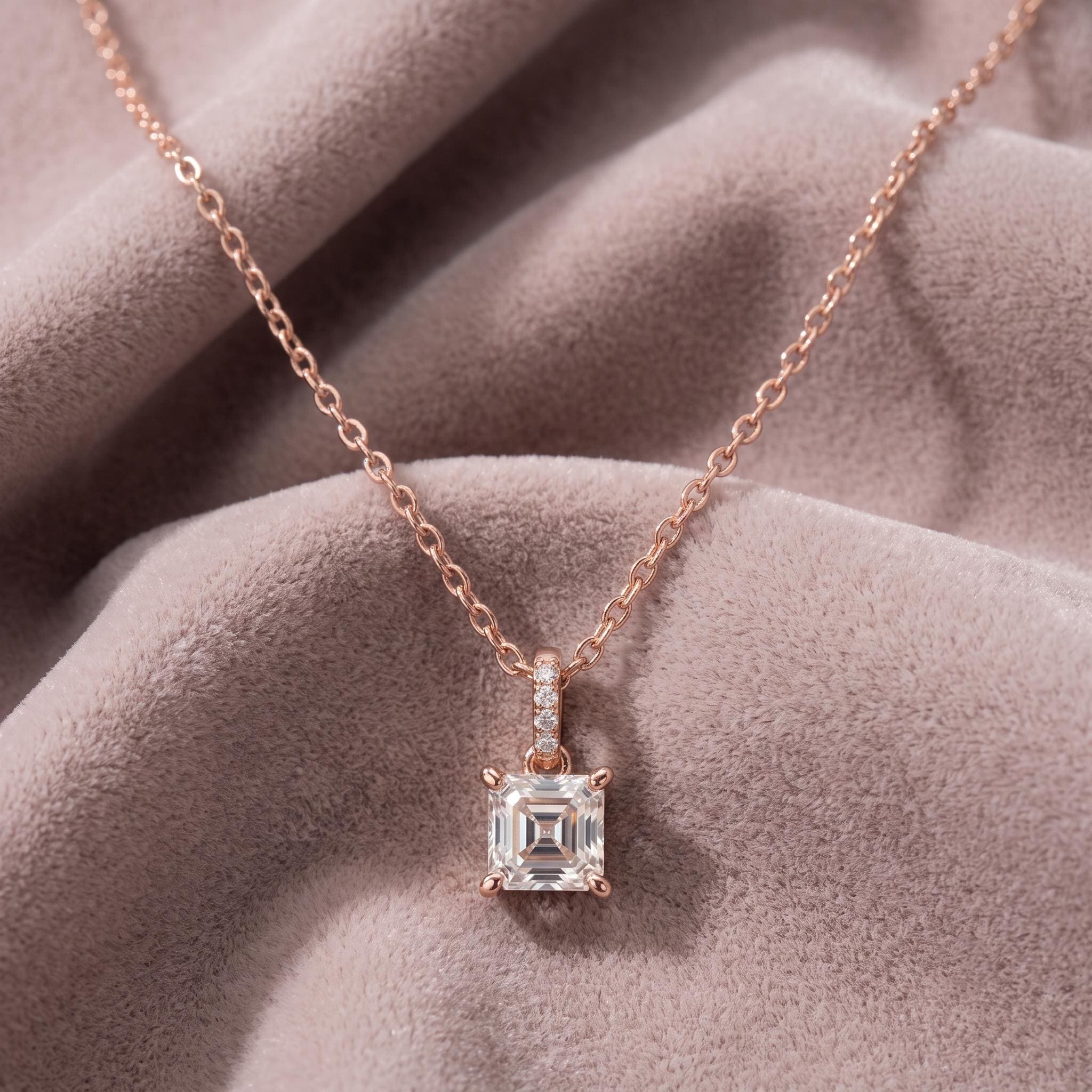 Asscher Cut Moissanite Pendant Necklace, 925 Sterling Silver, Rose Gold Plated, Minimalist Bridal Jewelry
