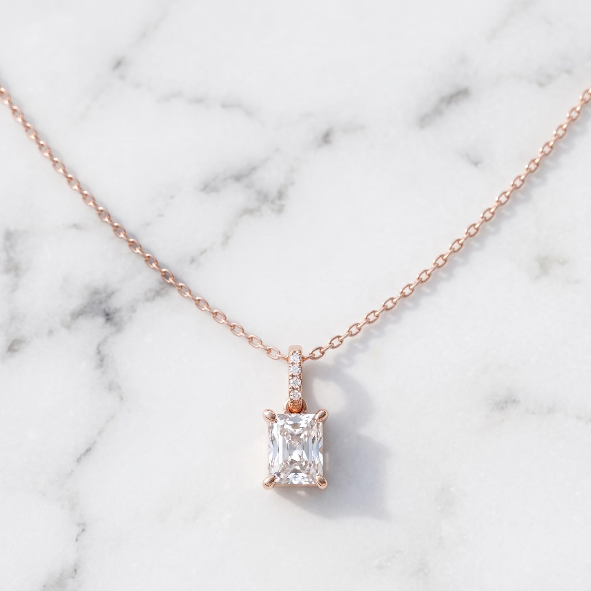 Radiant Cut Moissanite Pendant Necklace, 925 Sterling Silver, Rose Gold Charm, Dainty Bridal Jewelry