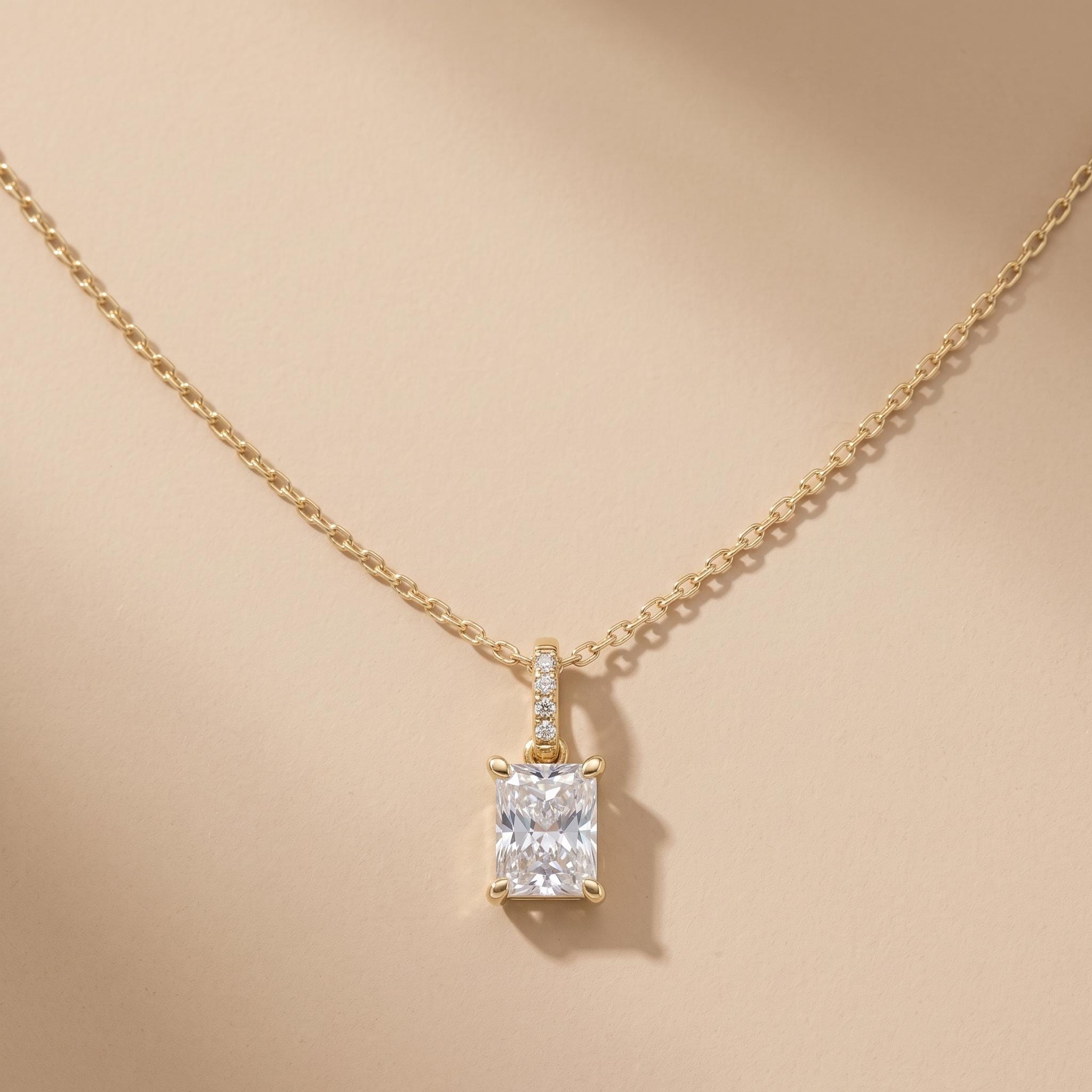 Radiant Cut Moissanite Pendant Necklace, 925 Sterling Silver, Rose Gold Charm, Dainty Bridal Jewelry