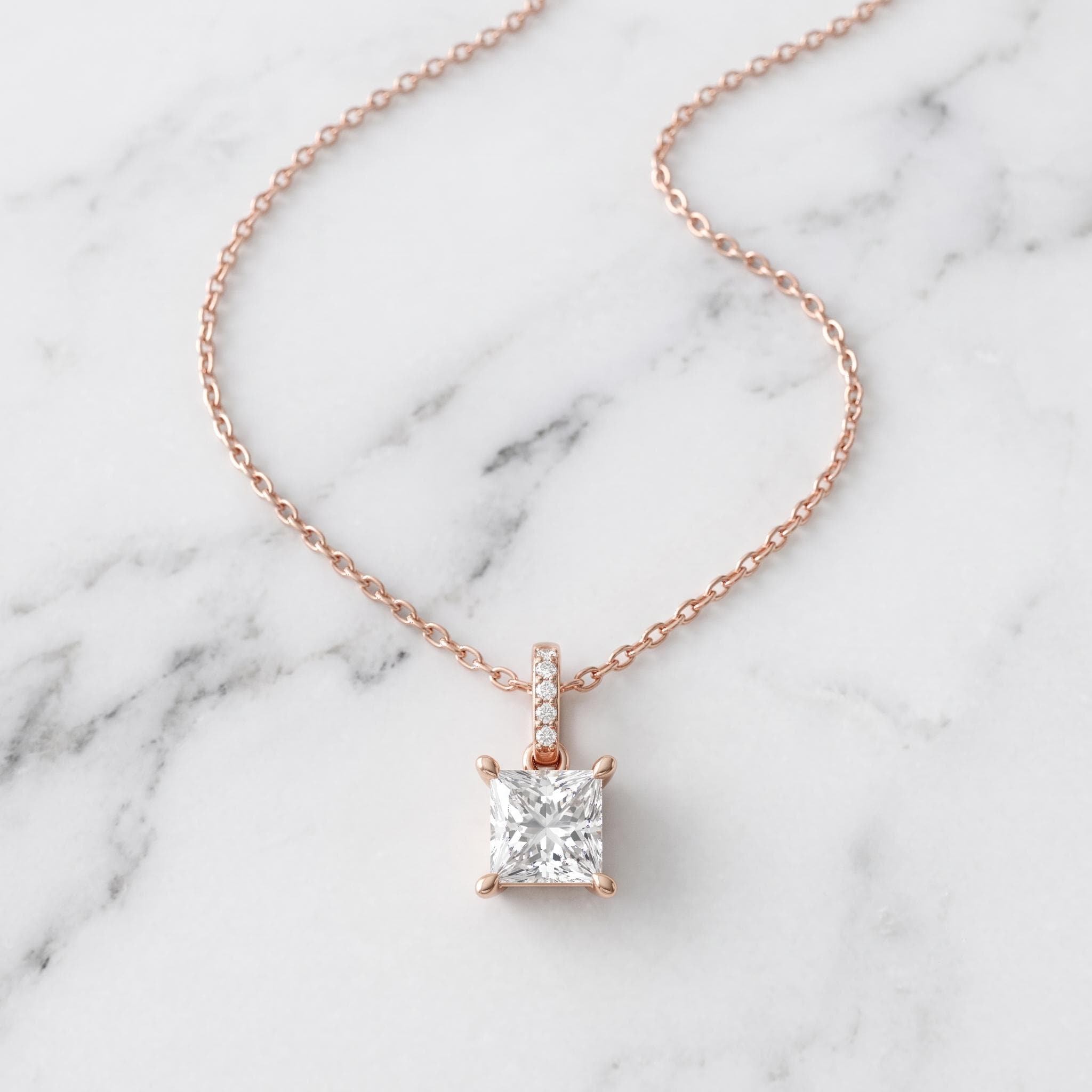 Radiant Cut Moissanite Pendant Necklace, 925 Sterling Silver, Rose Gold Choker (8mm)
