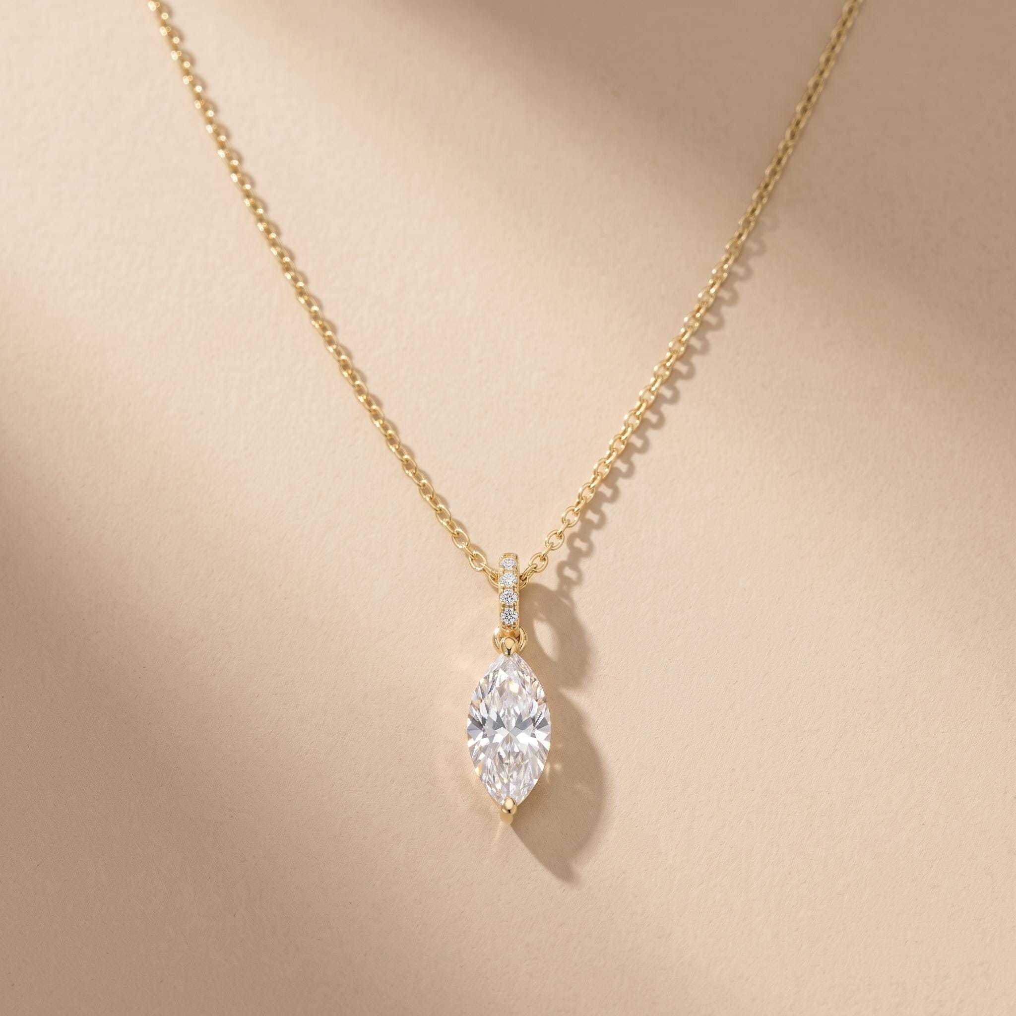 Marquise Moissanite Pendant Necklace, 925 Sterling Silver Choker, Pave Bail Drop Charm