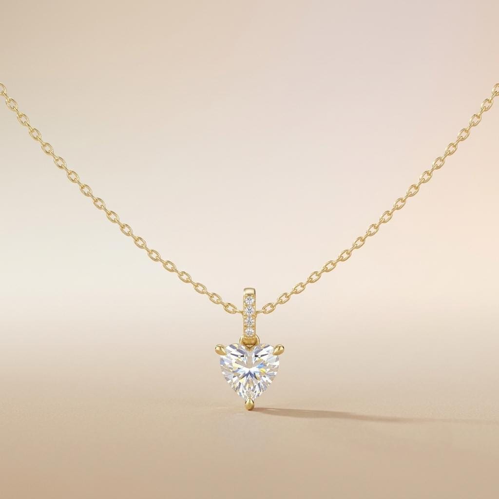 Heart Moissanite Pendant Necklace, 925 Sterling Silver, Dainty Chain, Romantic Gift