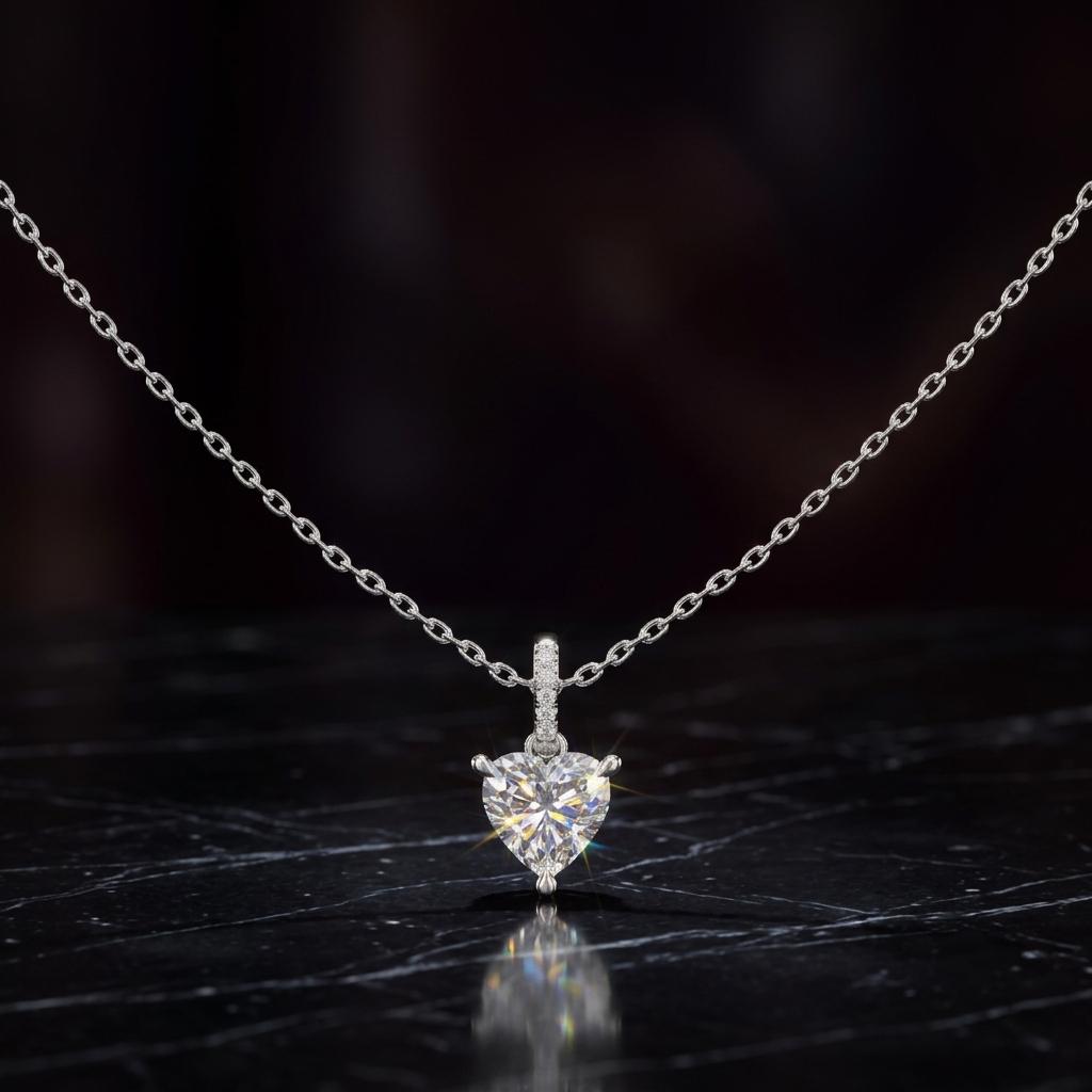 Heart Moissanite Pendant Necklace, 925 Sterling Silver, Dainty Chain, Romantic Gift