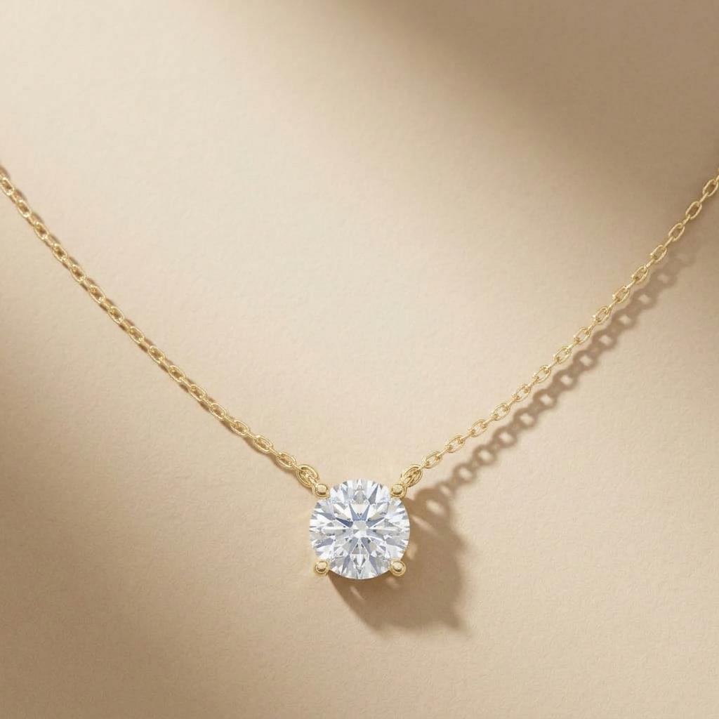 Round Moissanite Pendant Necklace, 925 Sterling Silver Chain, Dainty Everyday Jewelry