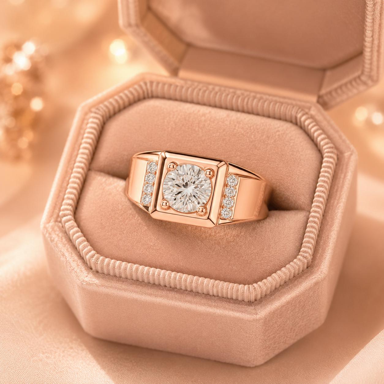 Sterling Silver Moissanite Ring for Men, Round Cut, Rose Gold Band Engagement Gift