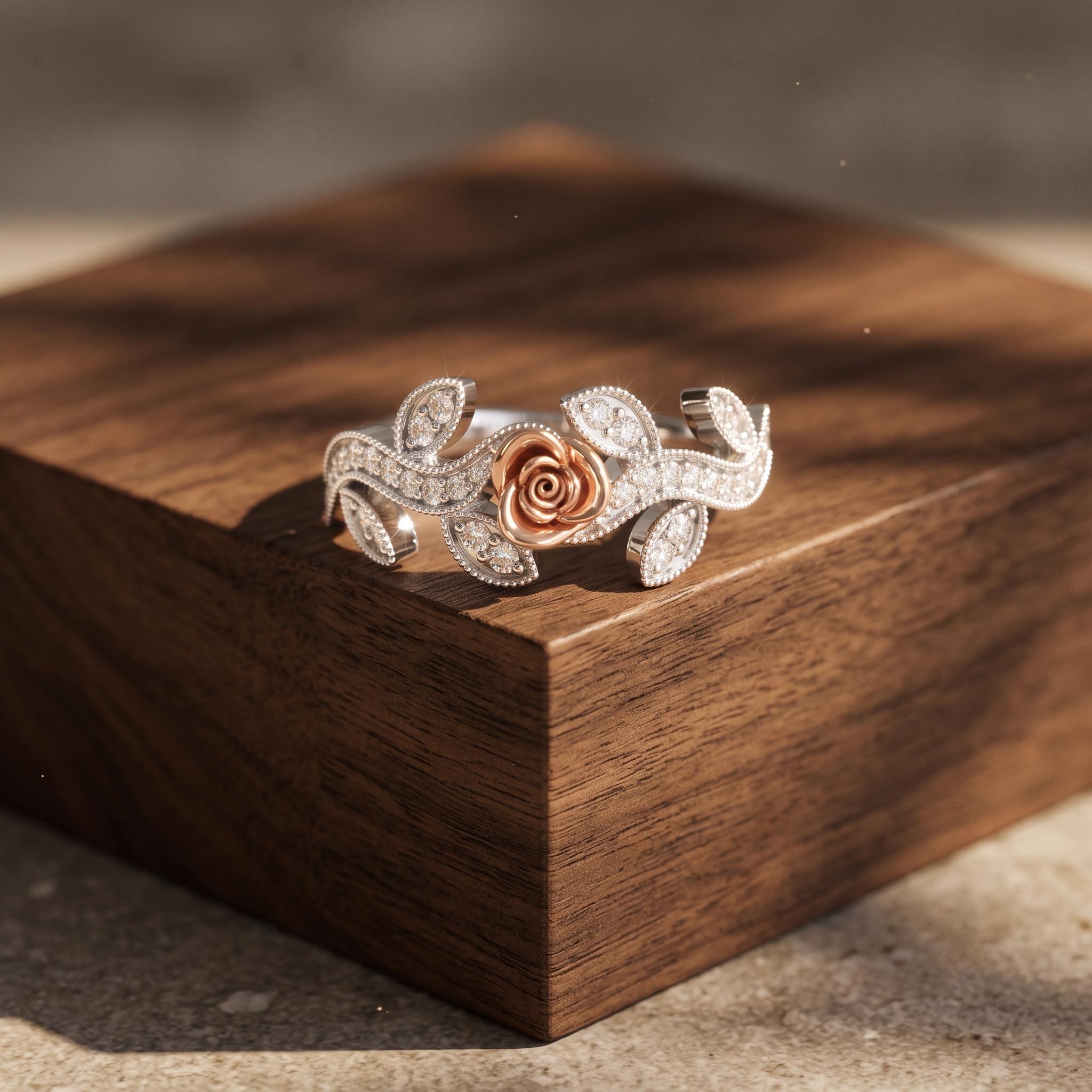 Sterling Silver Moissanite Floral Ring, Rose-Gold Leaf Motif, Statement Jewelry