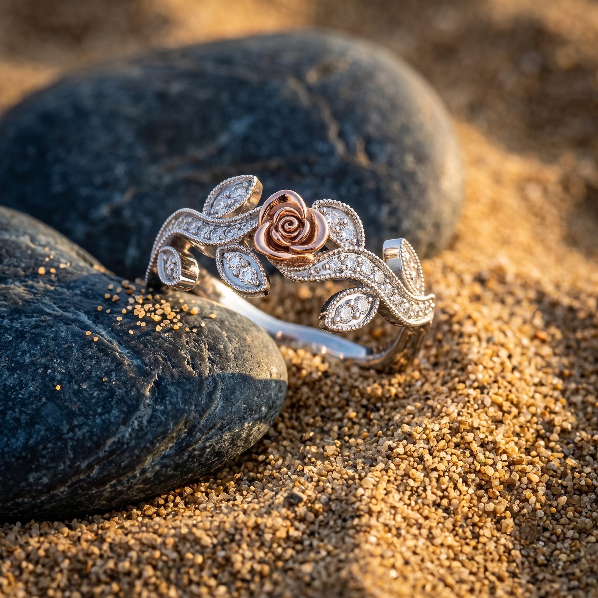 Sterling Silver Moissanite Floral Ring, Rose-Gold Leaf Motif, Statement Jewelry