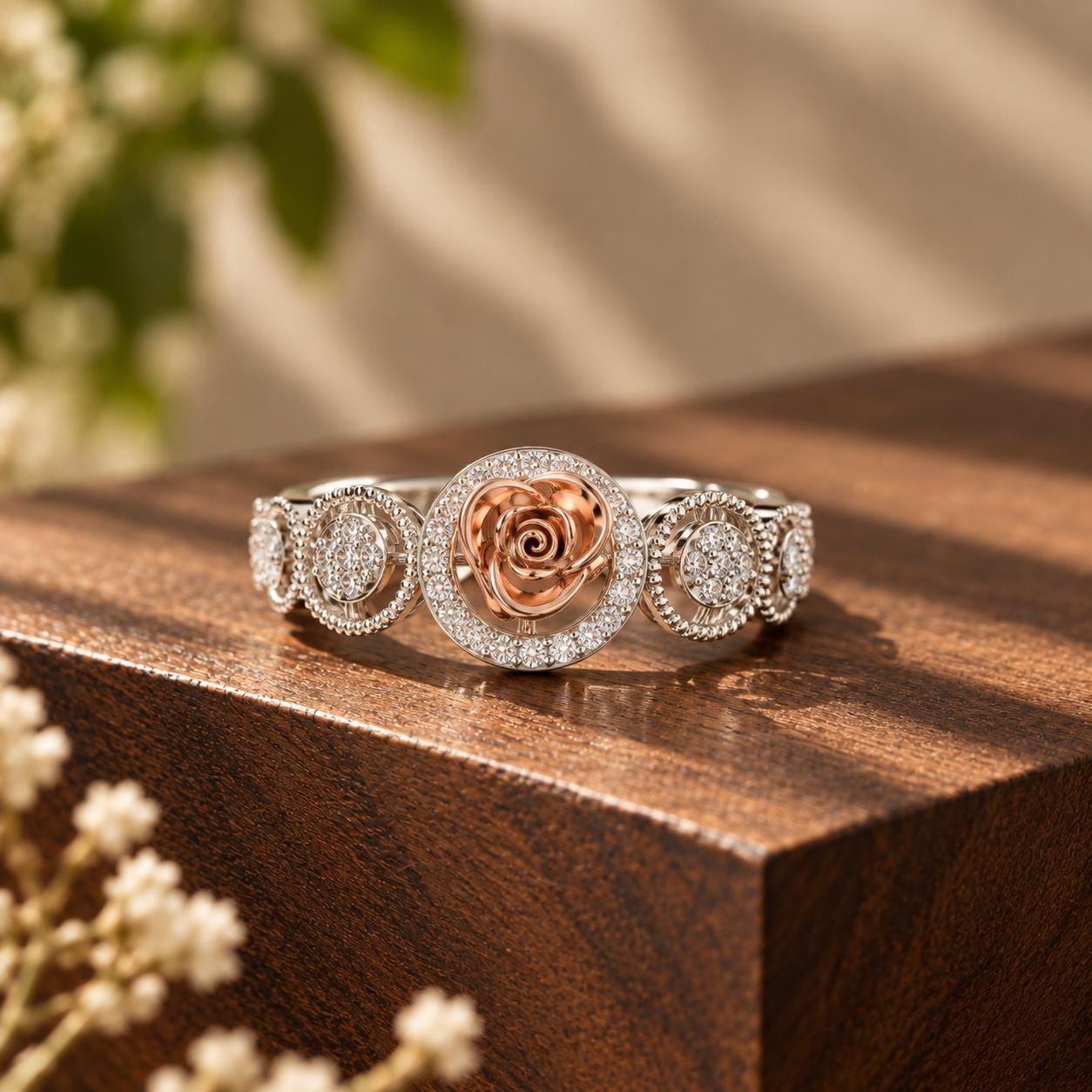 Rose Gold Moissanite Floral Ring, Sterling Silver 925, Milgrain Halo Design