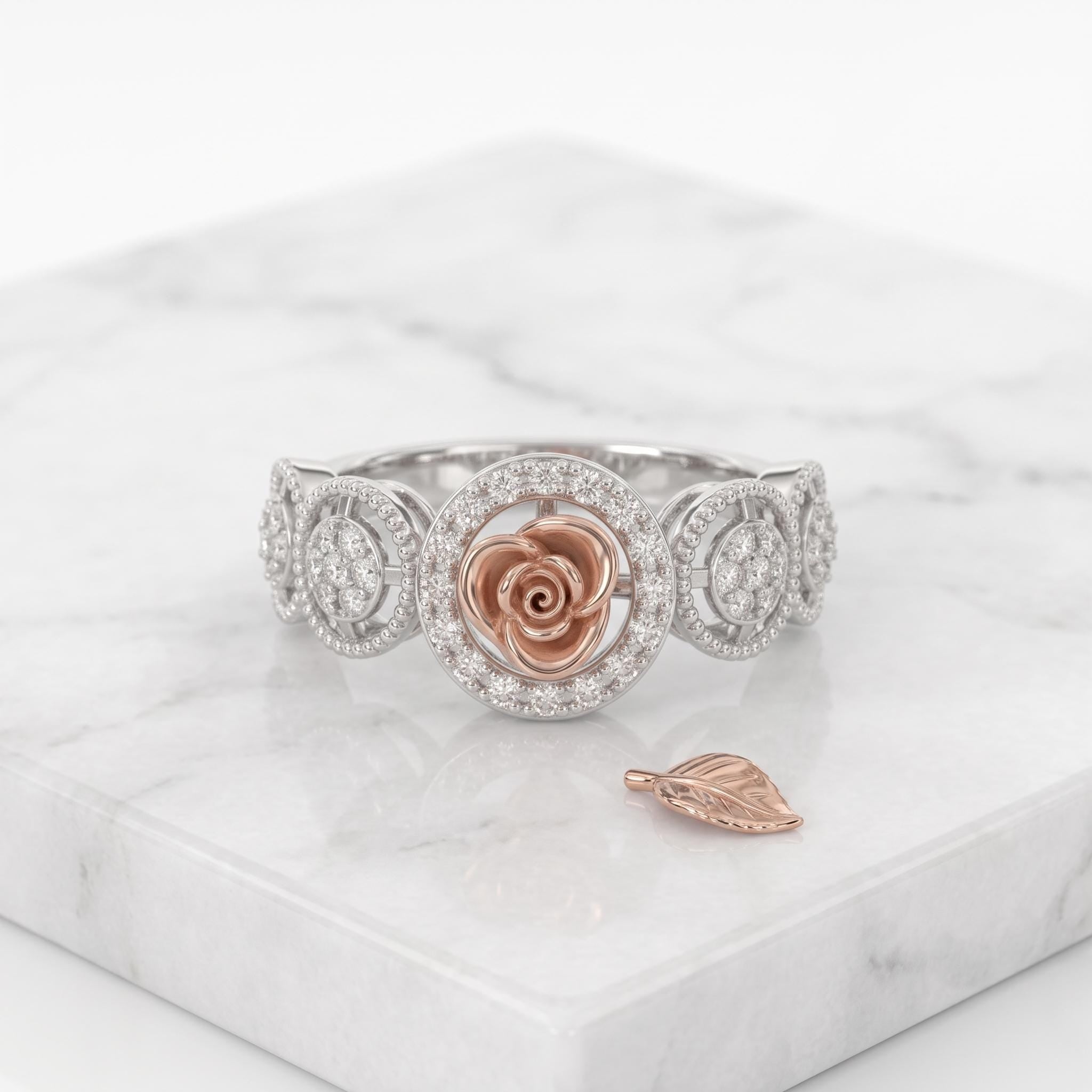 Rose Gold Moissanite Floral Ring, Sterling Silver 925, Milgrain Halo Design