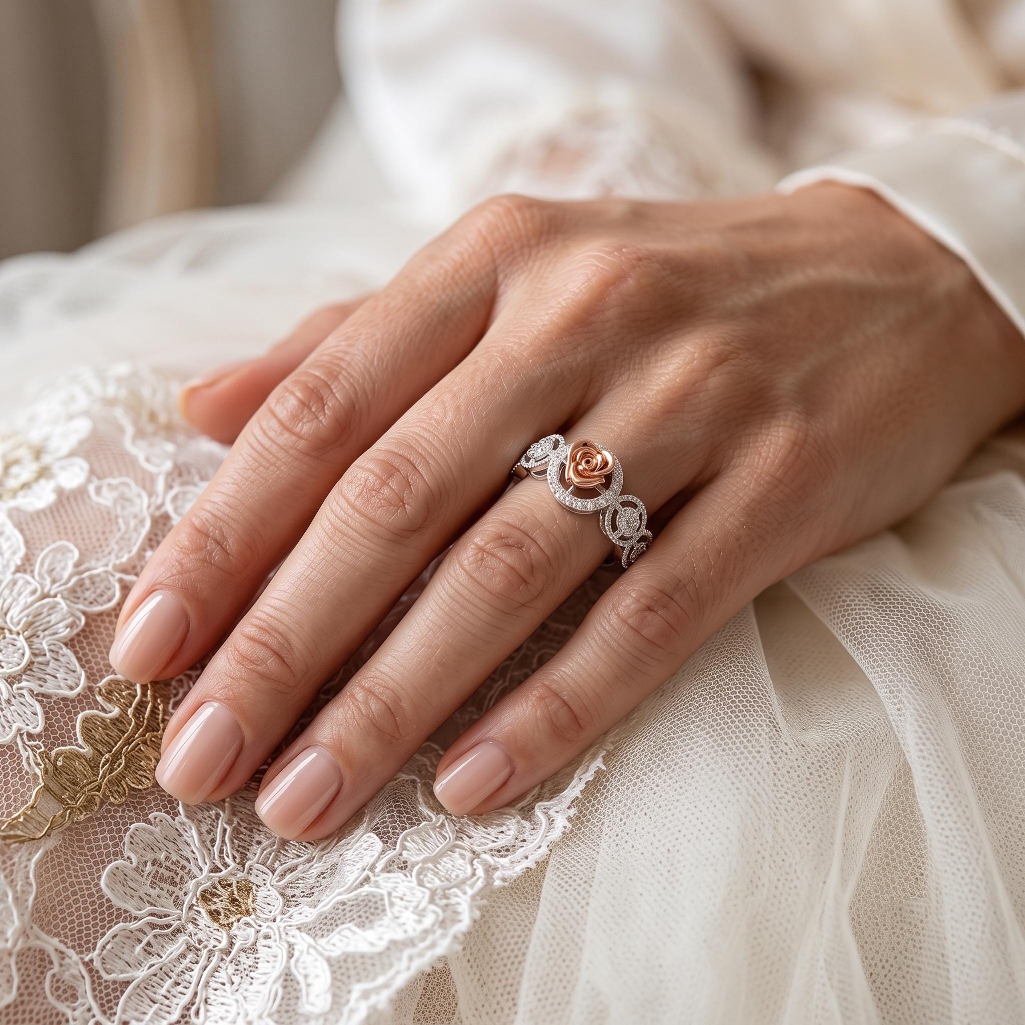 Rose Gold Moissanite Floral Ring, Sterling Silver 925, Milgrain Halo Design
