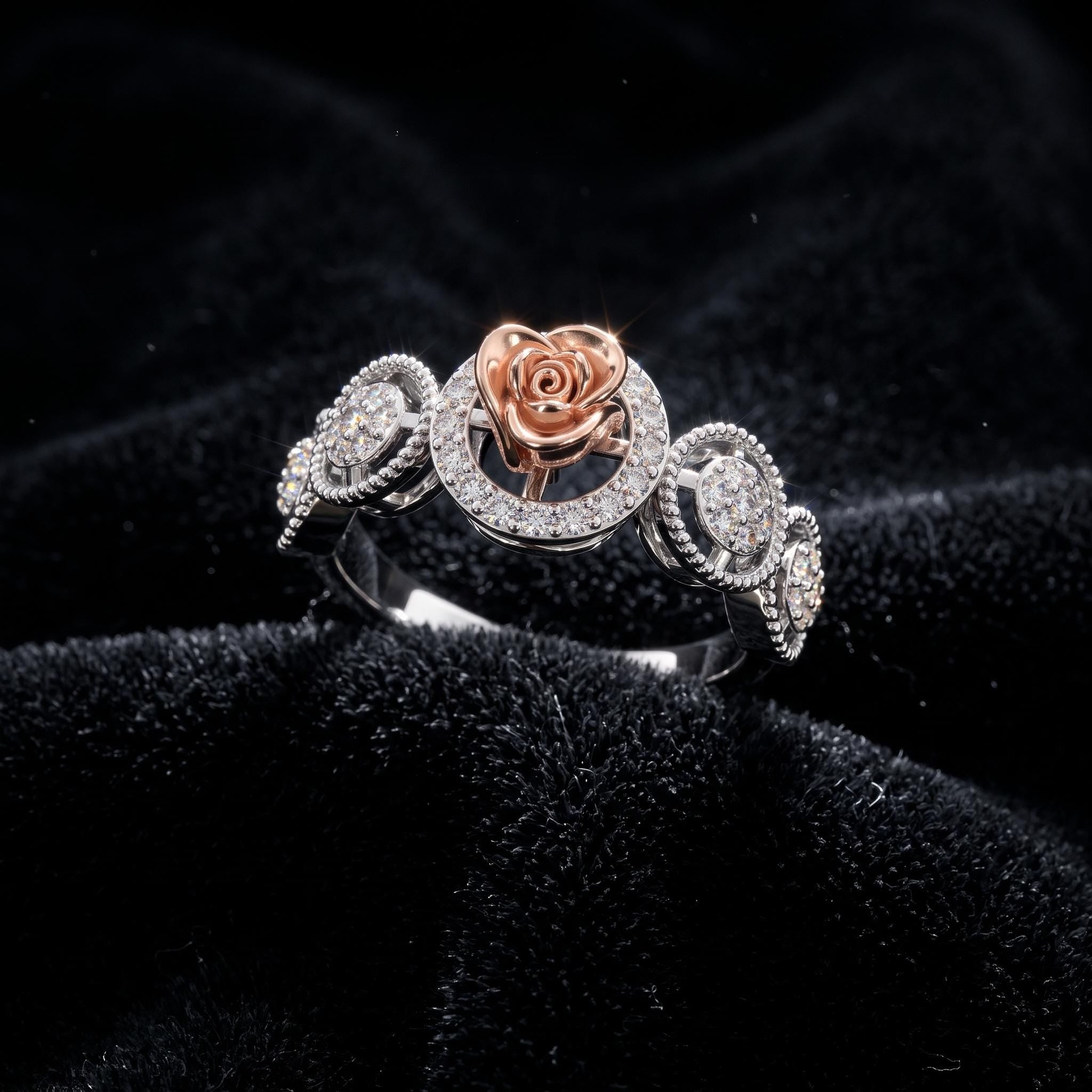 Rose Gold Moissanite Floral Ring, Sterling Silver 925, Milgrain Halo Design
