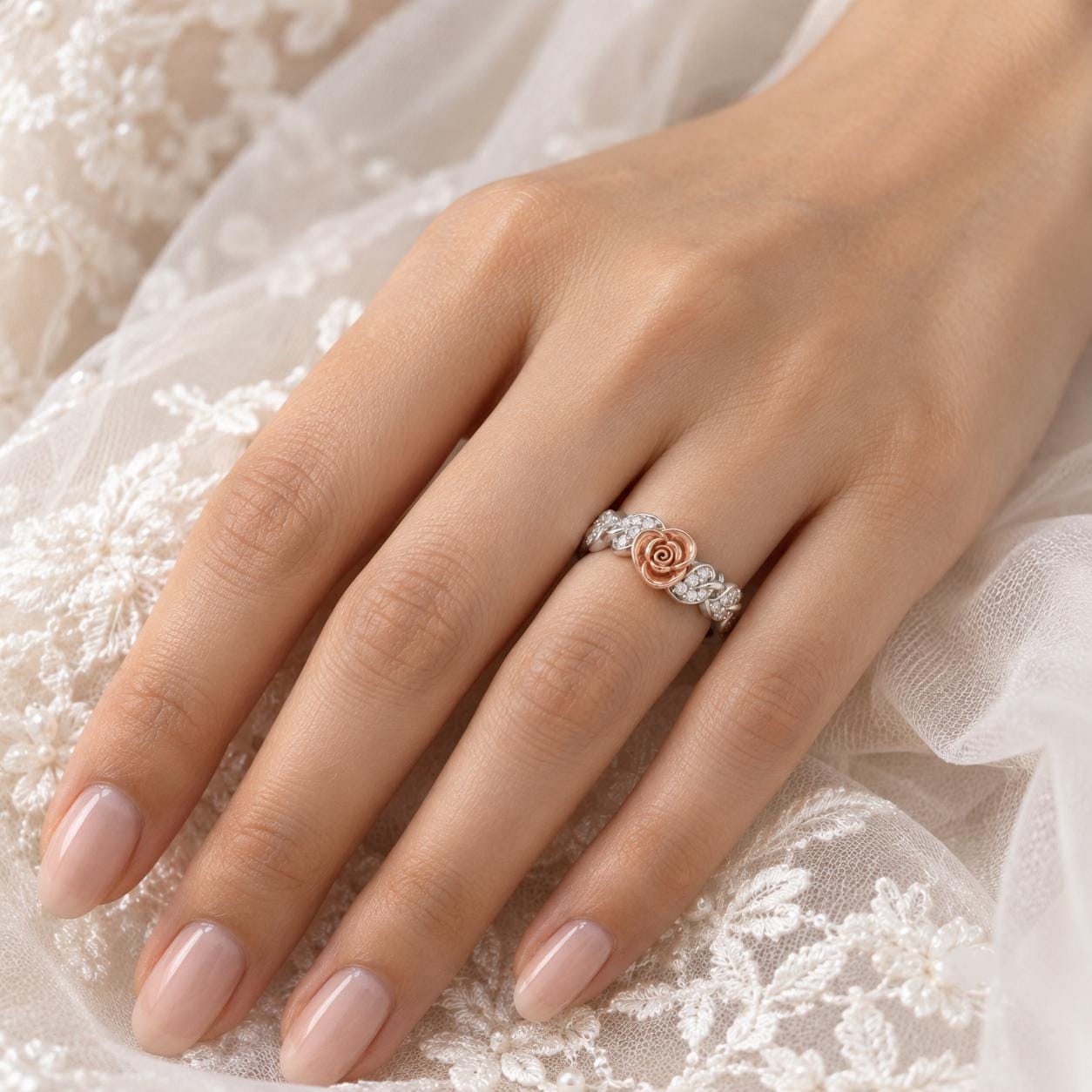 Sterling Silver Rose Moissanite Eternity Band, Two-Tone Floral Vine Ring
