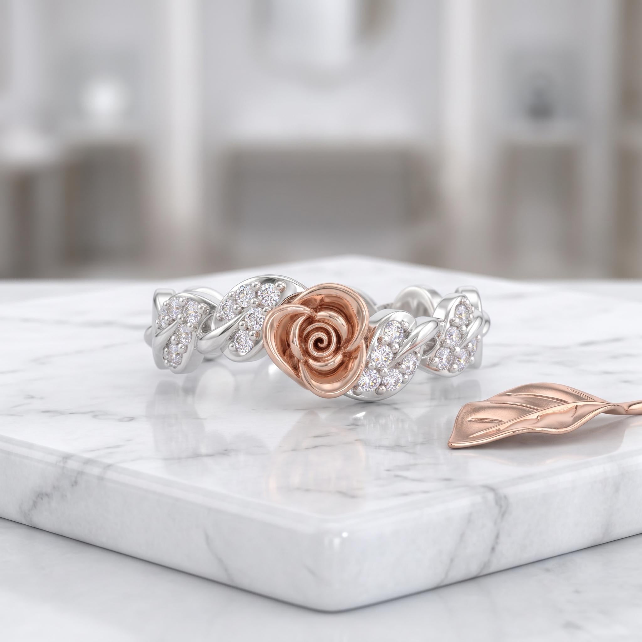 Sterling Silver Rose Moissanite Eternity Band, Two-Tone Floral Vine Ring