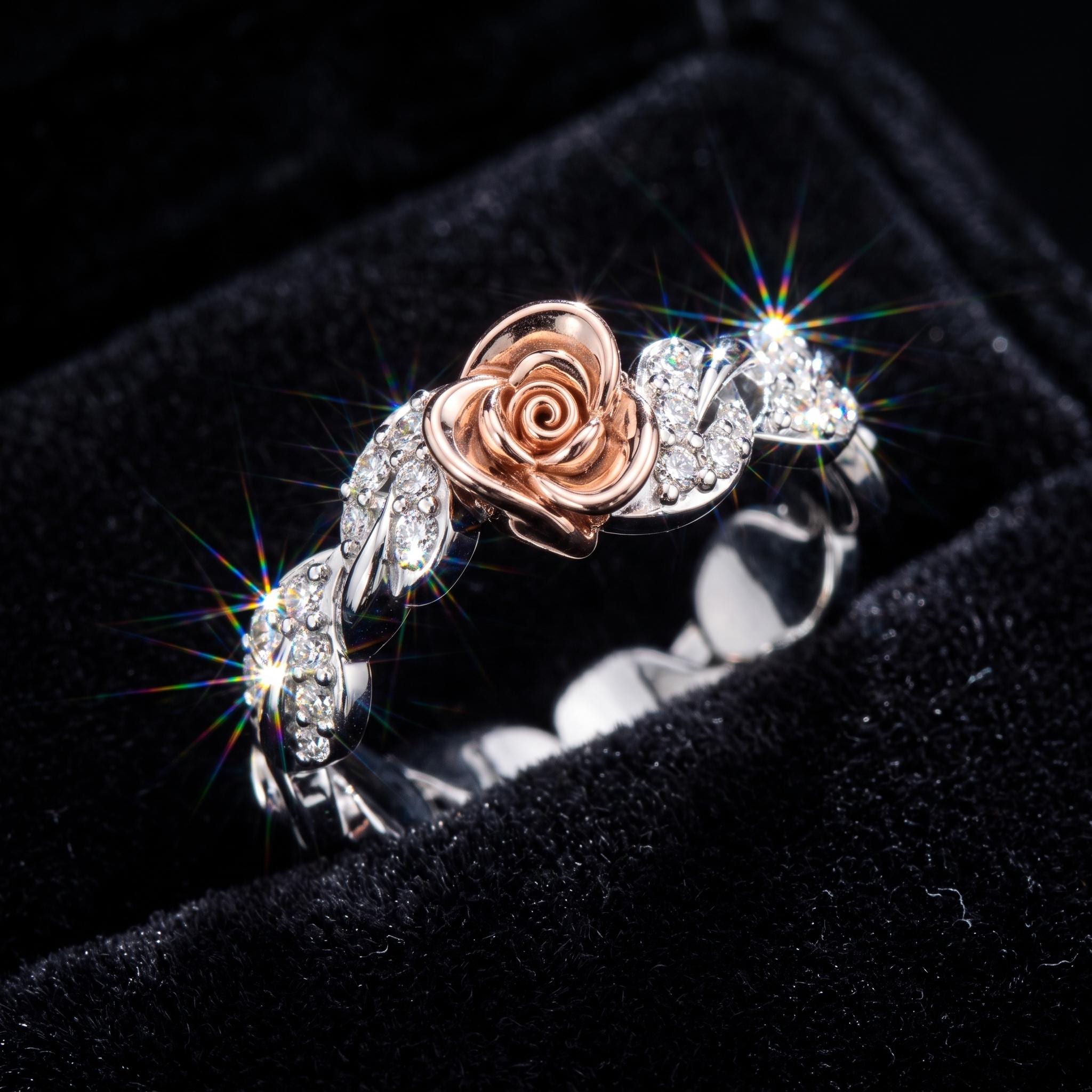 Sterling Silver Rose Moissanite Eternity Band, Two-Tone Floral Vine Ring