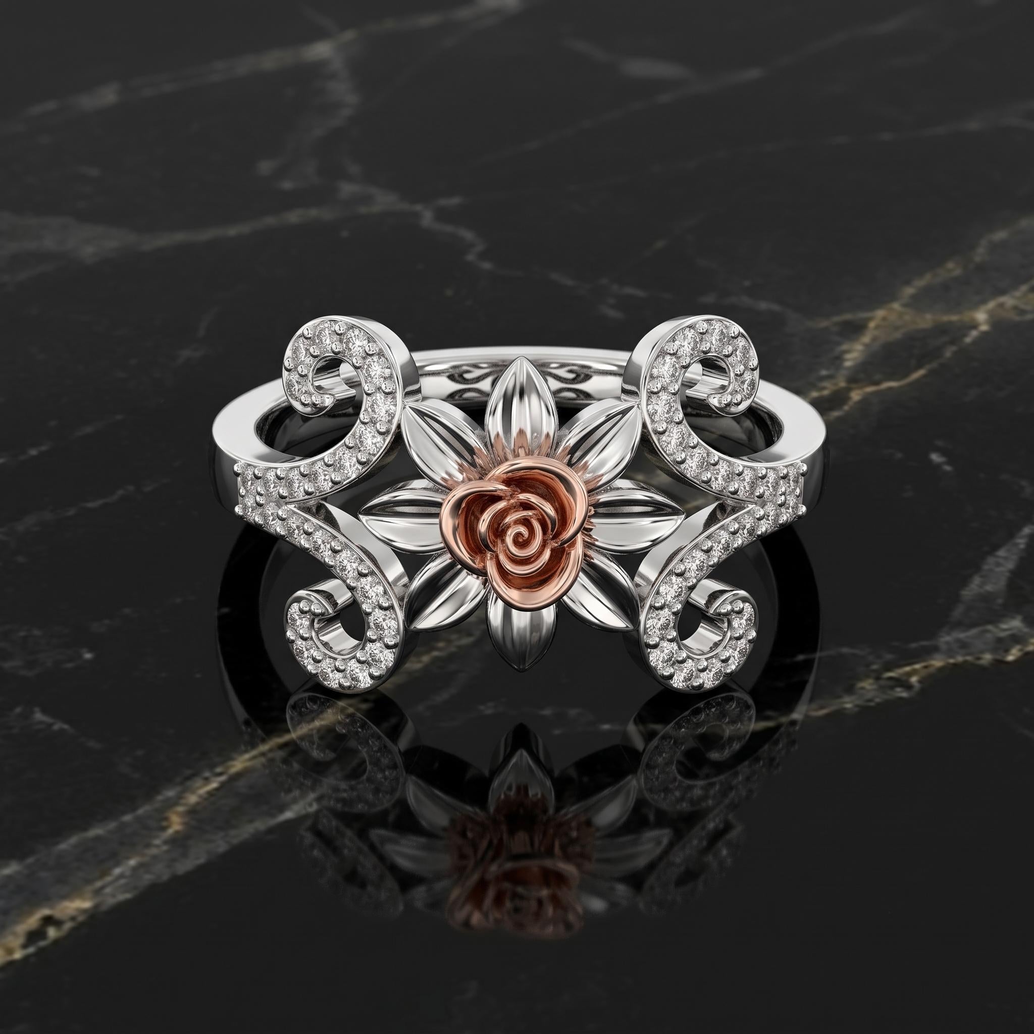 Sterling Silver Moissanite Floral Cocktail Ring, Rose Gold Detail, Art Nouveau Style