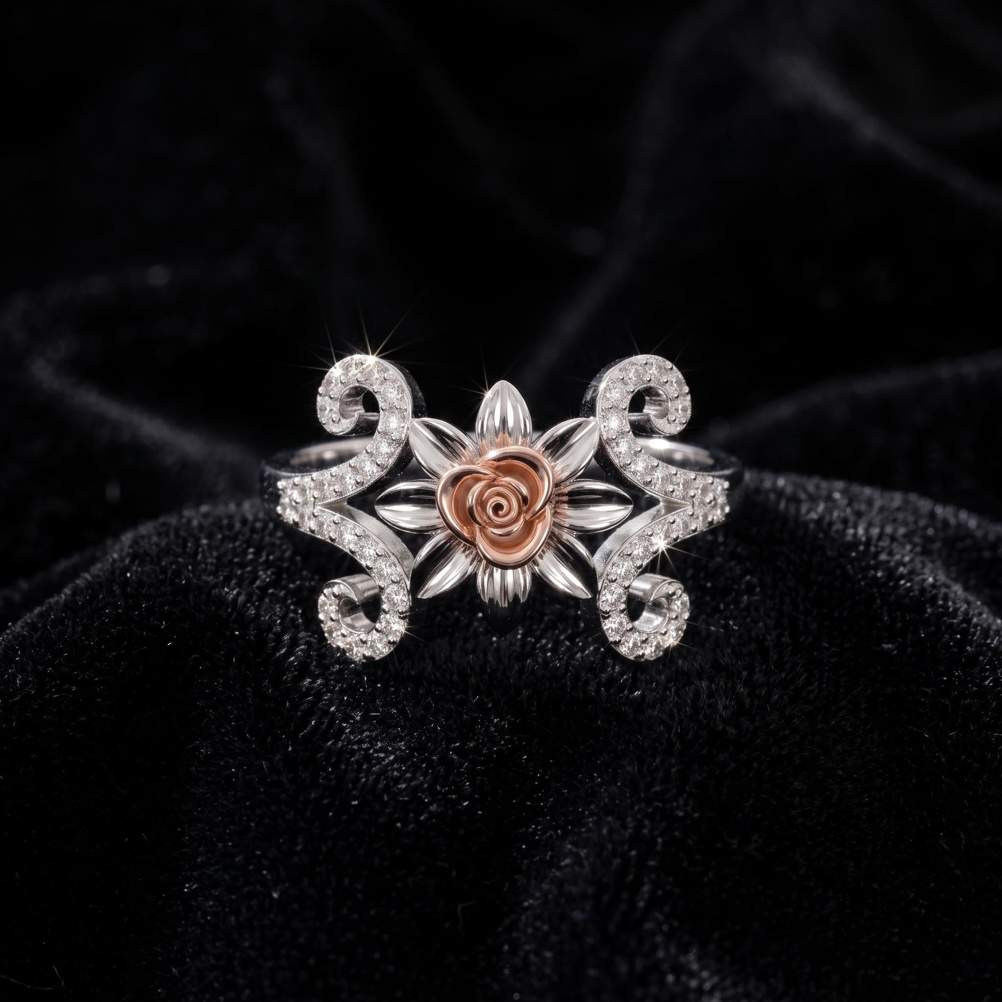Sterling Silver Moissanite Floral Cocktail Ring, Rose Gold Detail, Art Nouveau Style