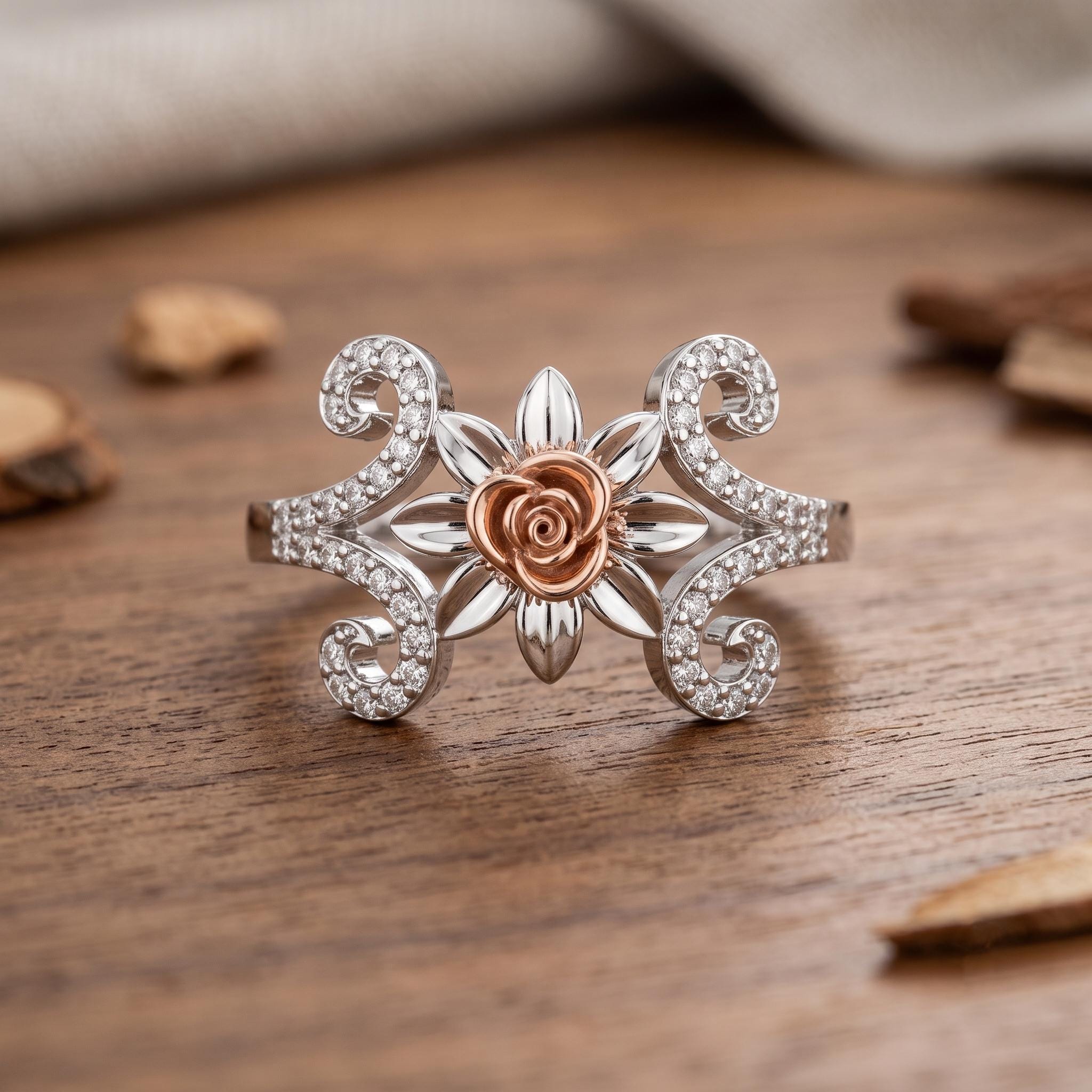 Sterling Silver Moissanite Floral Cocktail Ring, Rose Gold Detail, Art Nouveau Style
