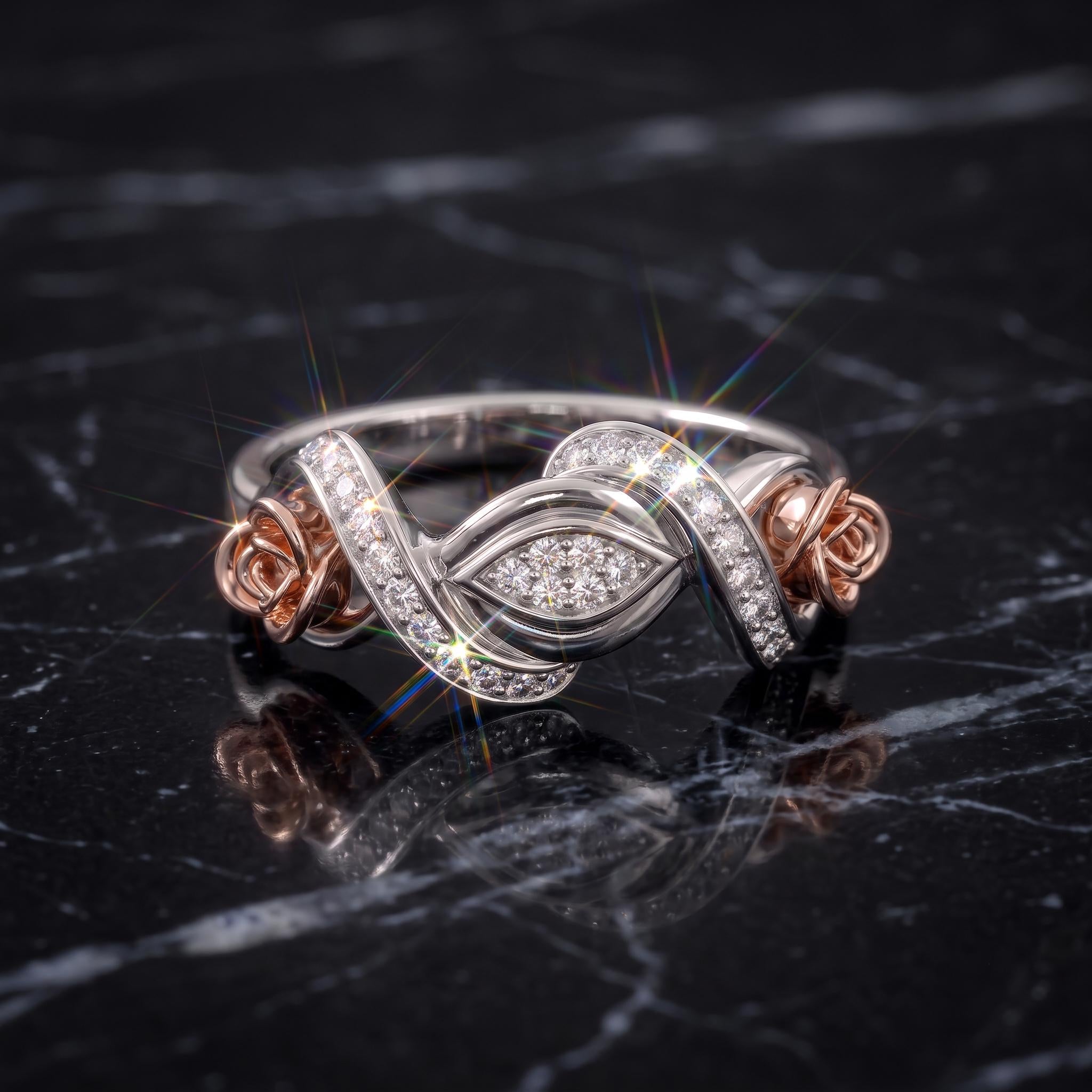 Sterling Silver Moissanite Floral Ring, Two-Tone Rose Gold Swirl Design