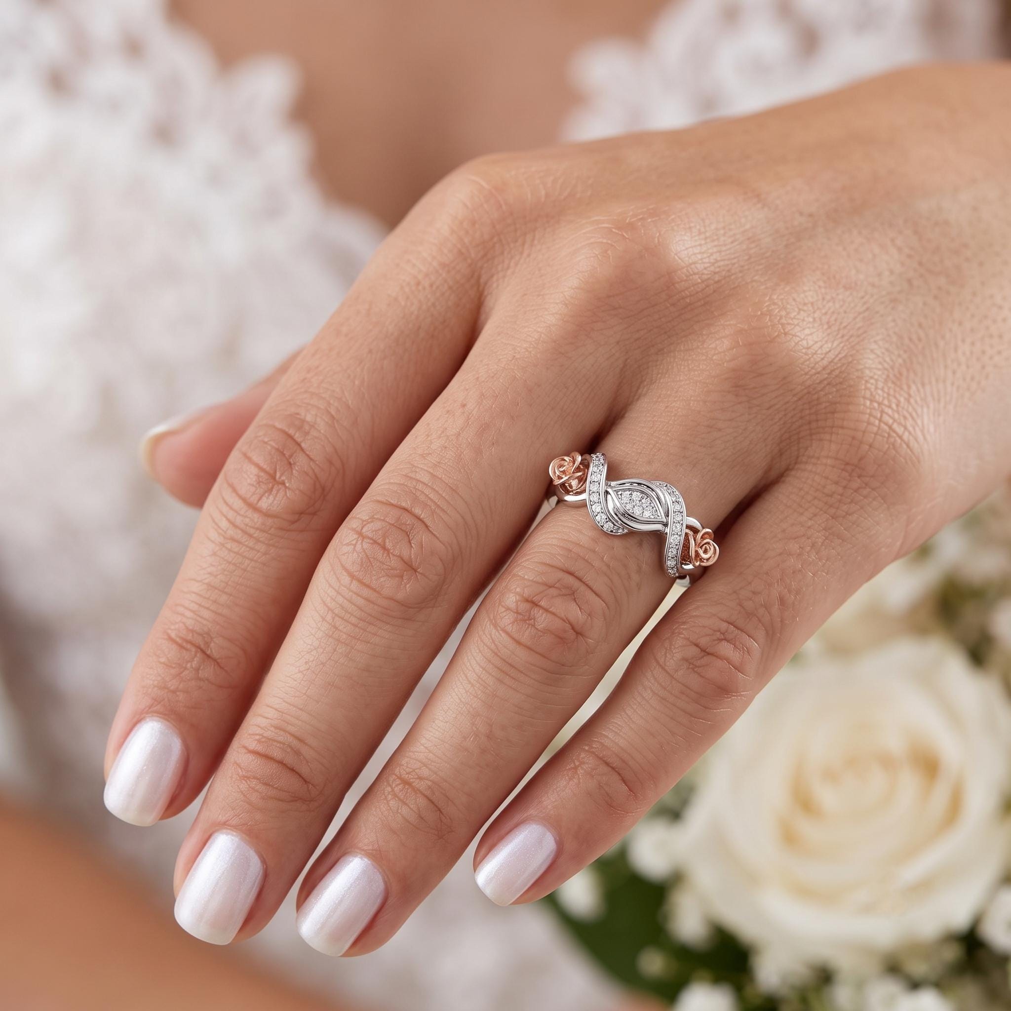Sterling Silver Moissanite Floral Ring, Two-Tone Rose Gold Swirl Design