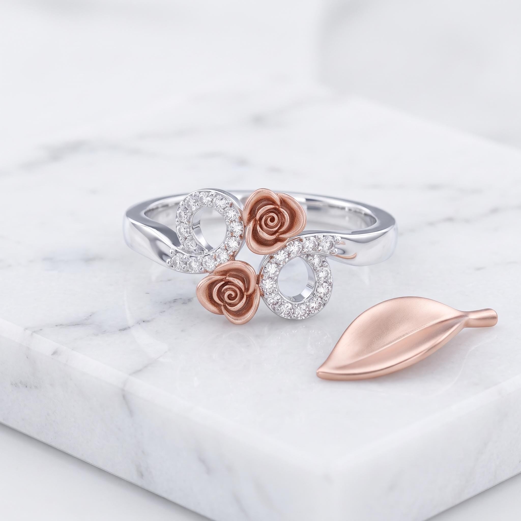 Two-Tone Sterling Silver Moissanite Rose Flower Ring, Botanical Cluster Engagement Ring