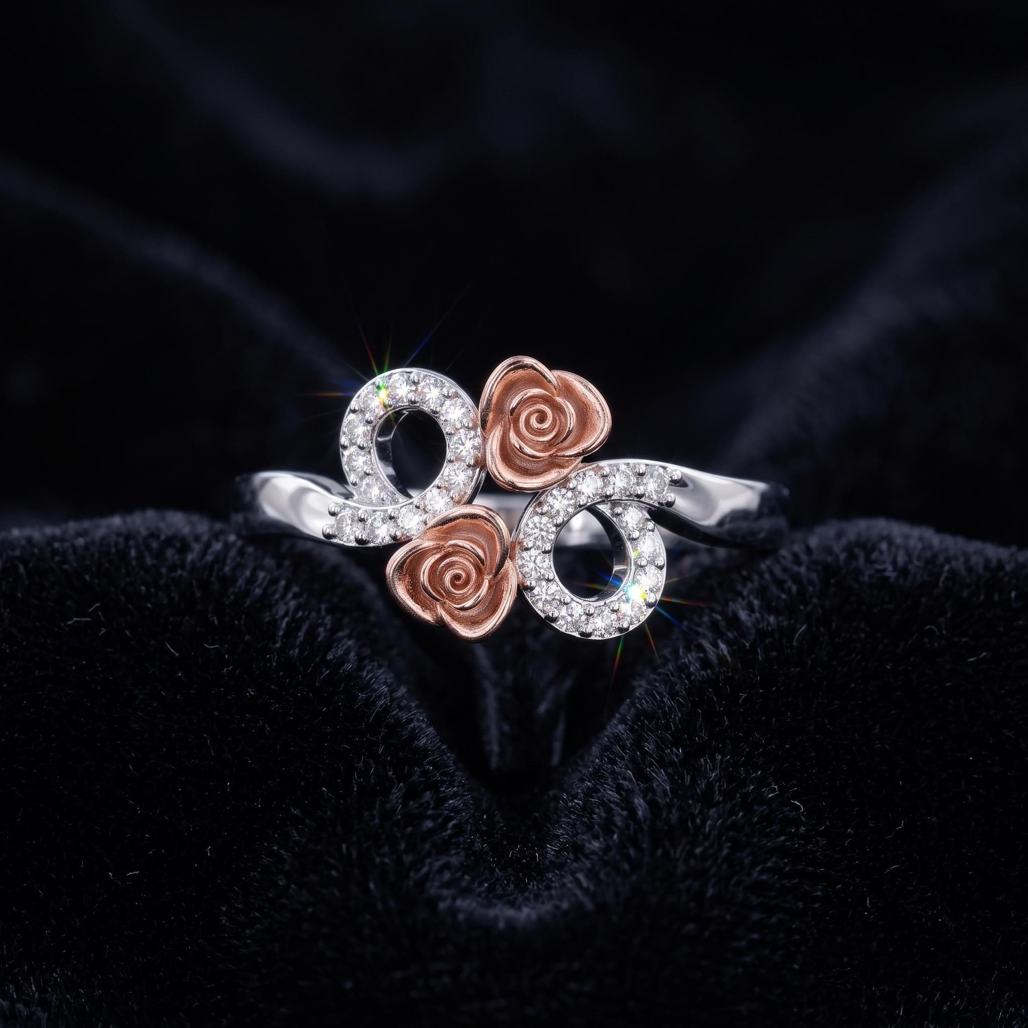 Two-Tone Sterling Silver Moissanite Rose Flower Ring, Botanical Cluster Engagement Ring