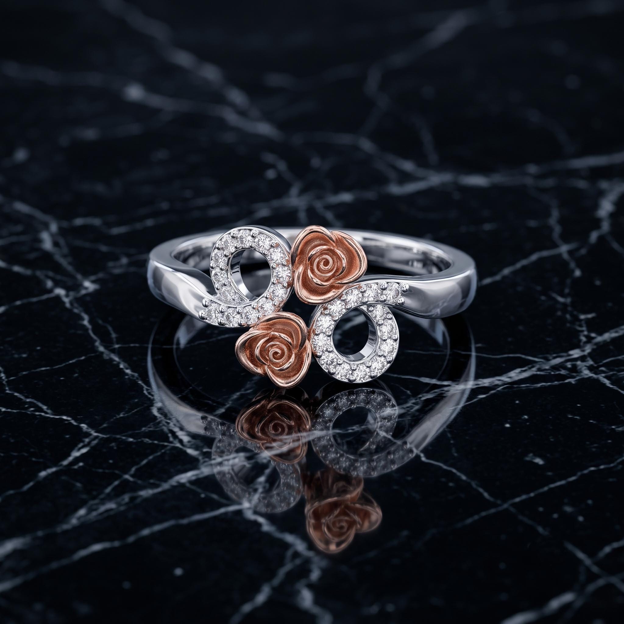 Two-Tone Sterling Silver Moissanite Rose Flower Ring, Botanical Cluster Engagement Ring