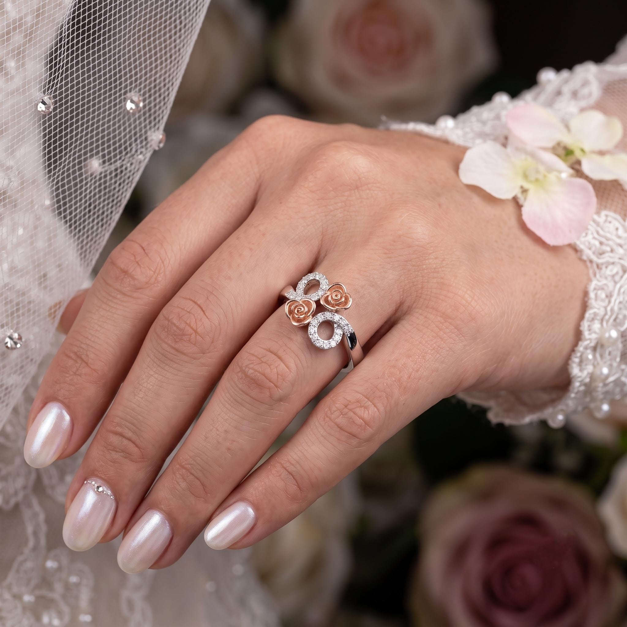Two-Tone Sterling Silver Moissanite Rose Flower Ring, Botanical Cluster Engagement Ring
