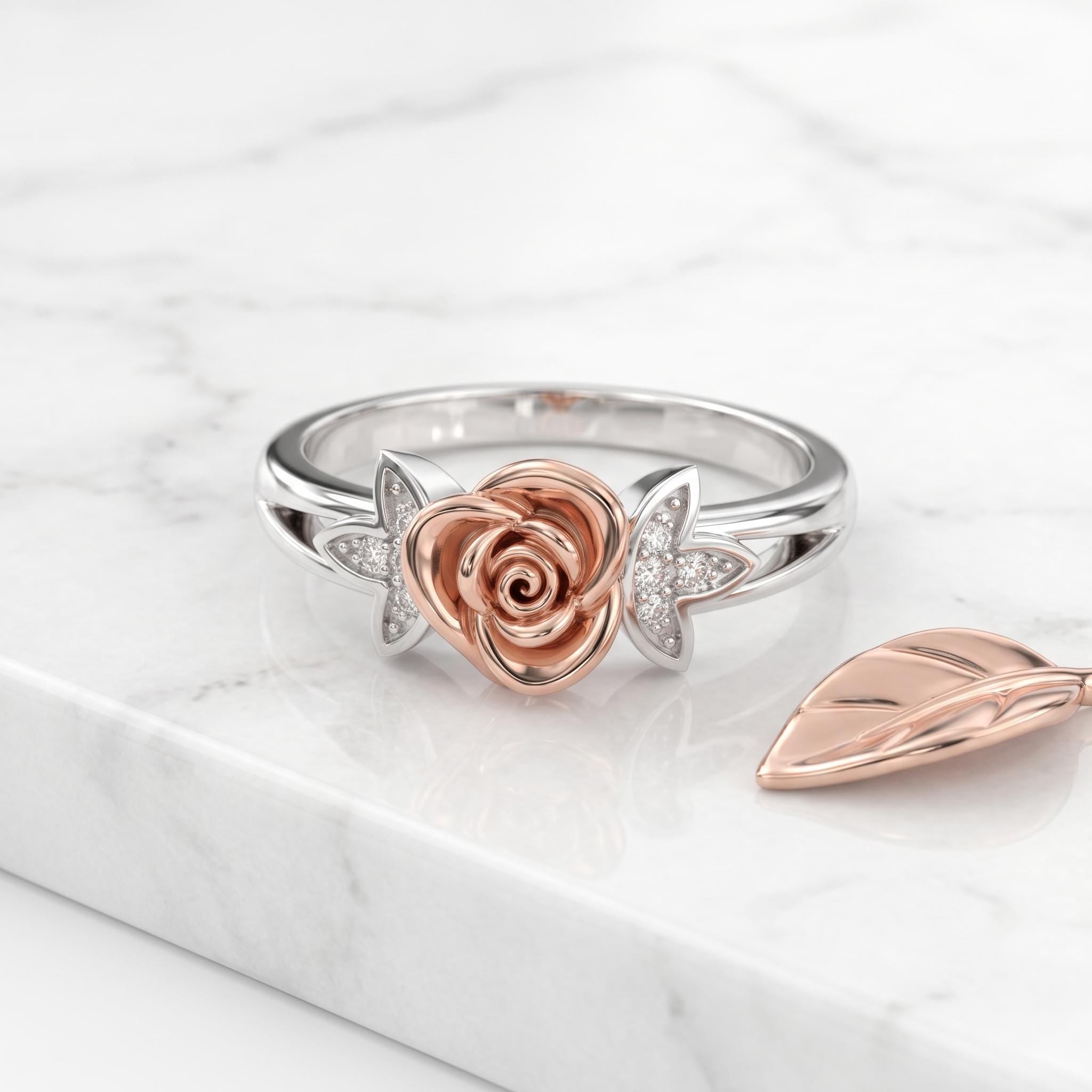 Two-Tone Sterling Silver Moissanite Flower Ring, Botanical Leaf Motif, Romantic Blossom Design