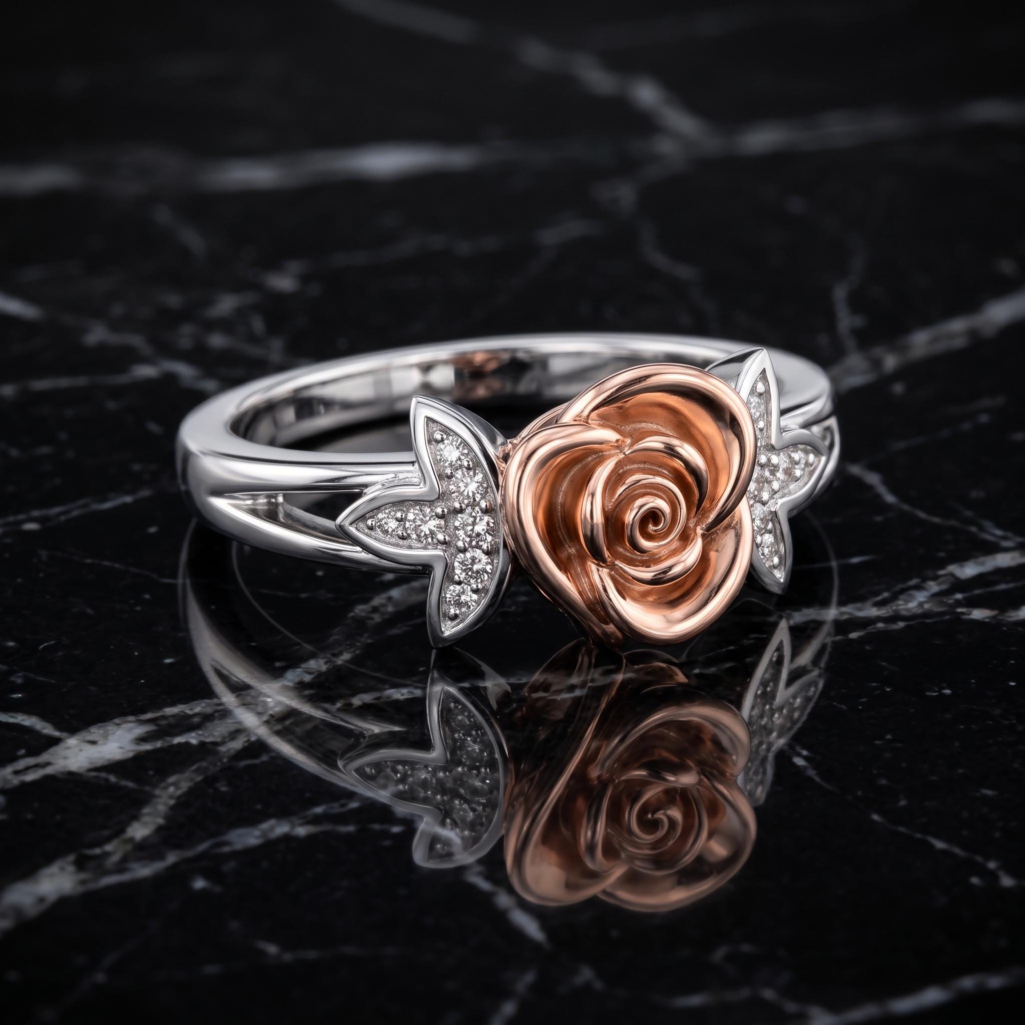 Two-Tone Sterling Silver Moissanite Flower Ring, Botanical Leaf Motif, Romantic Blossom Design