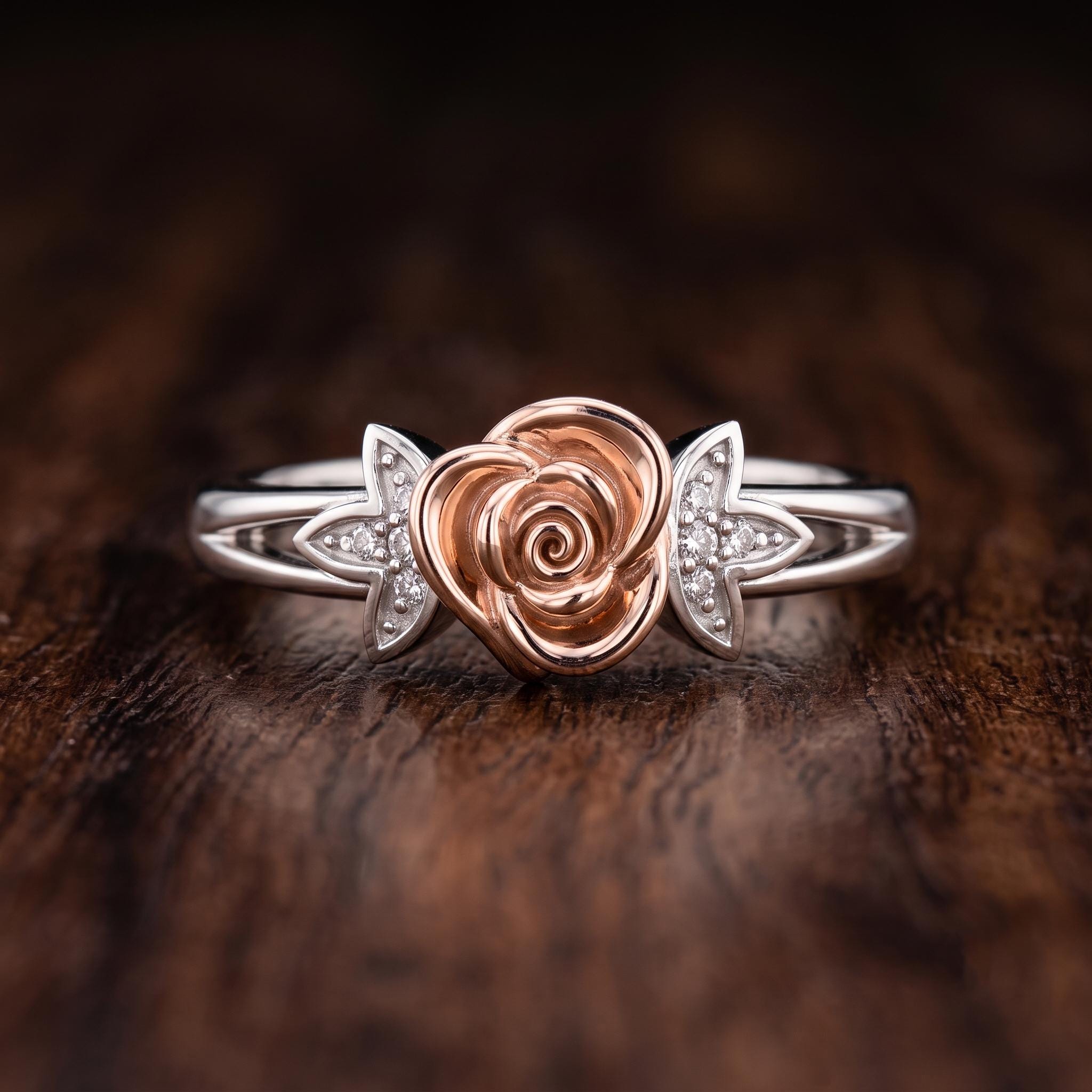 Two-Tone Sterling Silver Moissanite Flower Ring, Botanical Leaf Motif, Romantic Blossom Design