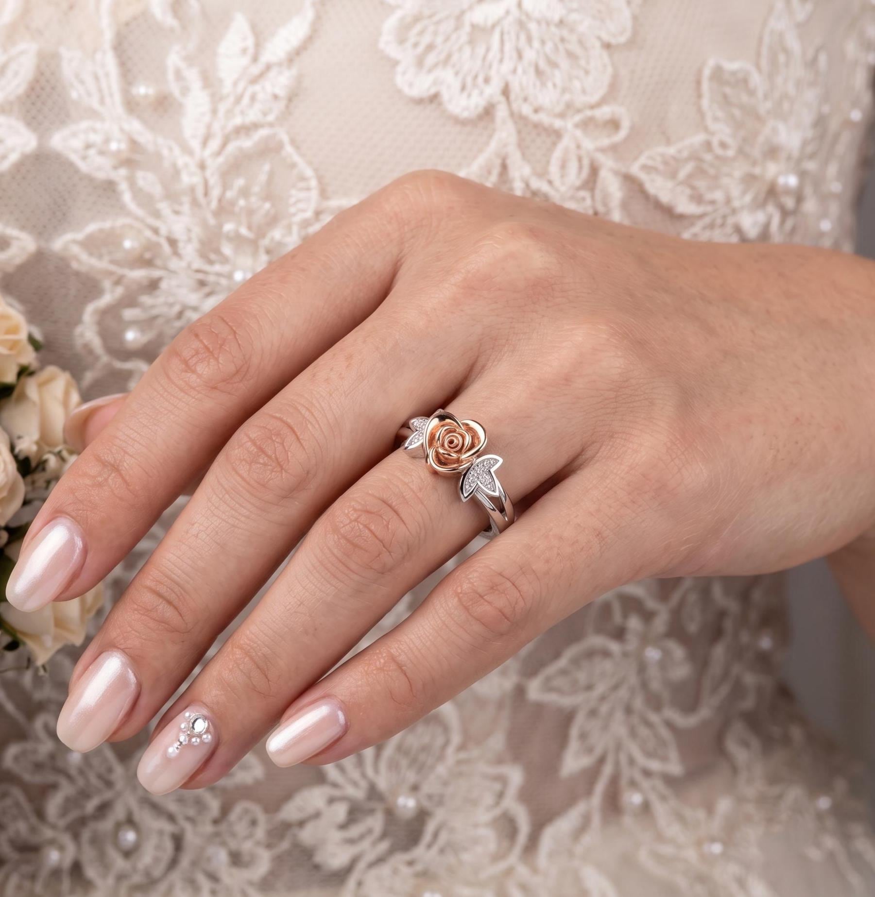 Two-Tone Sterling Silver Moissanite Flower Ring, Botanical Leaf Motif, Romantic Blossom Design
