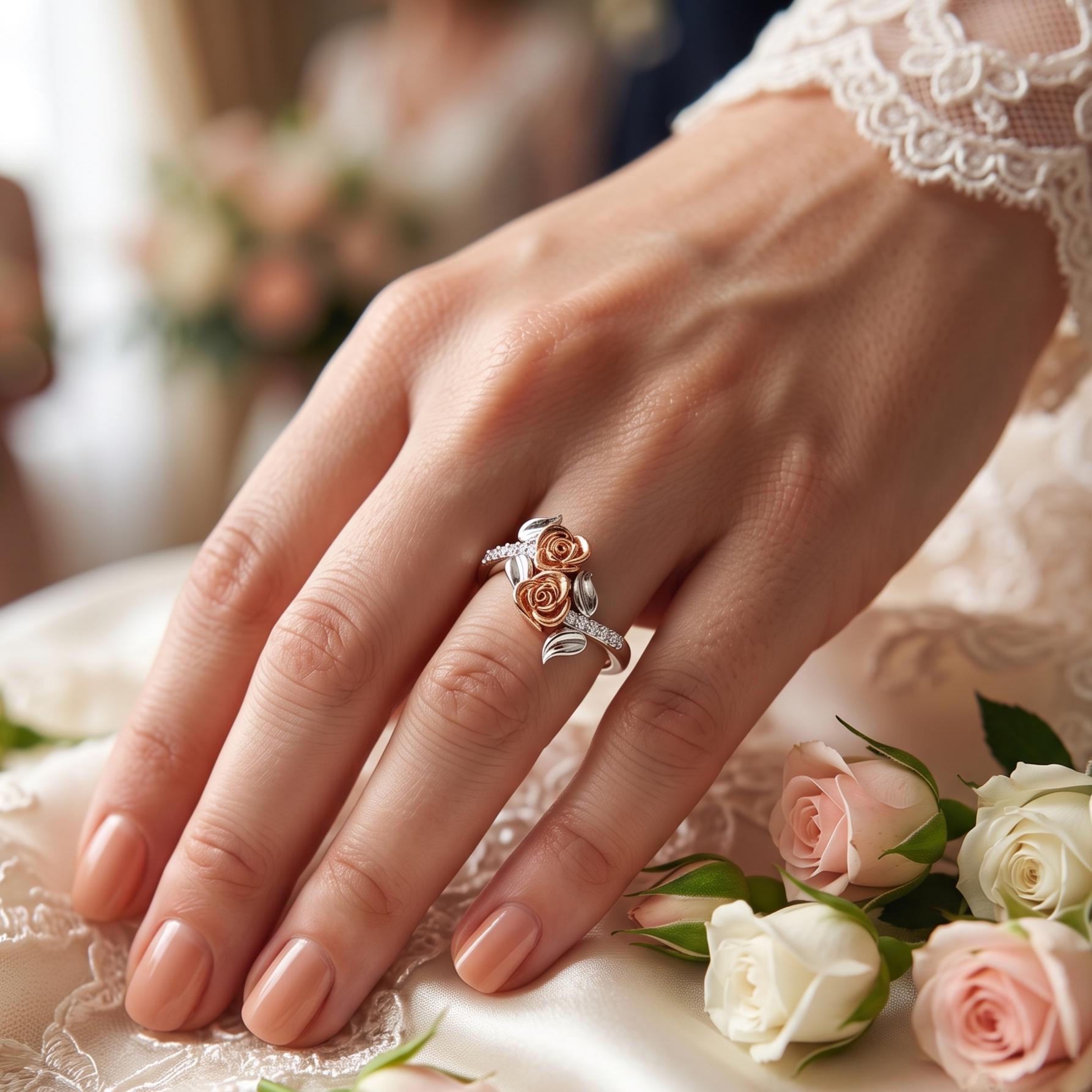 Sterling Silver Moissanite Rose Ring, Two-Tone Floral Bypass Design