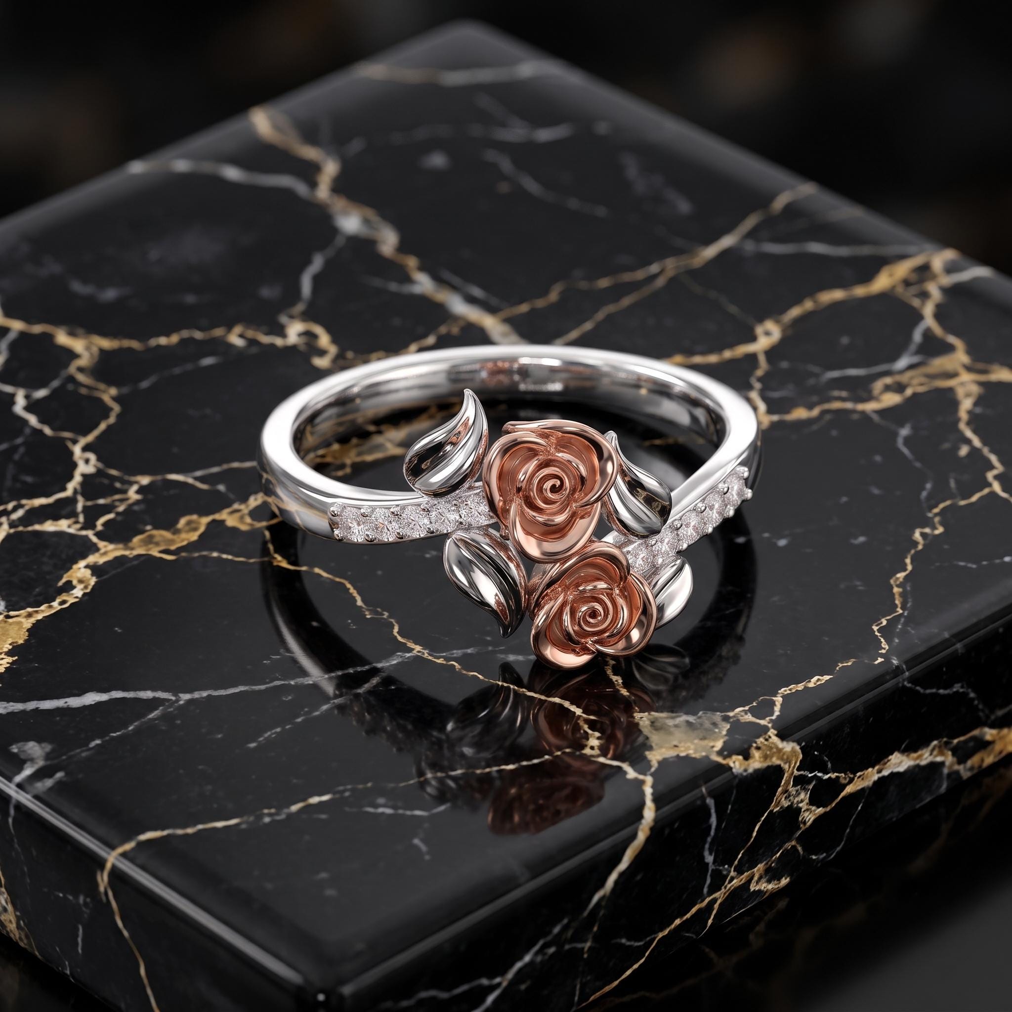 Sterling Silver Moissanite Rose Ring, Two-Tone Floral Bypass Design