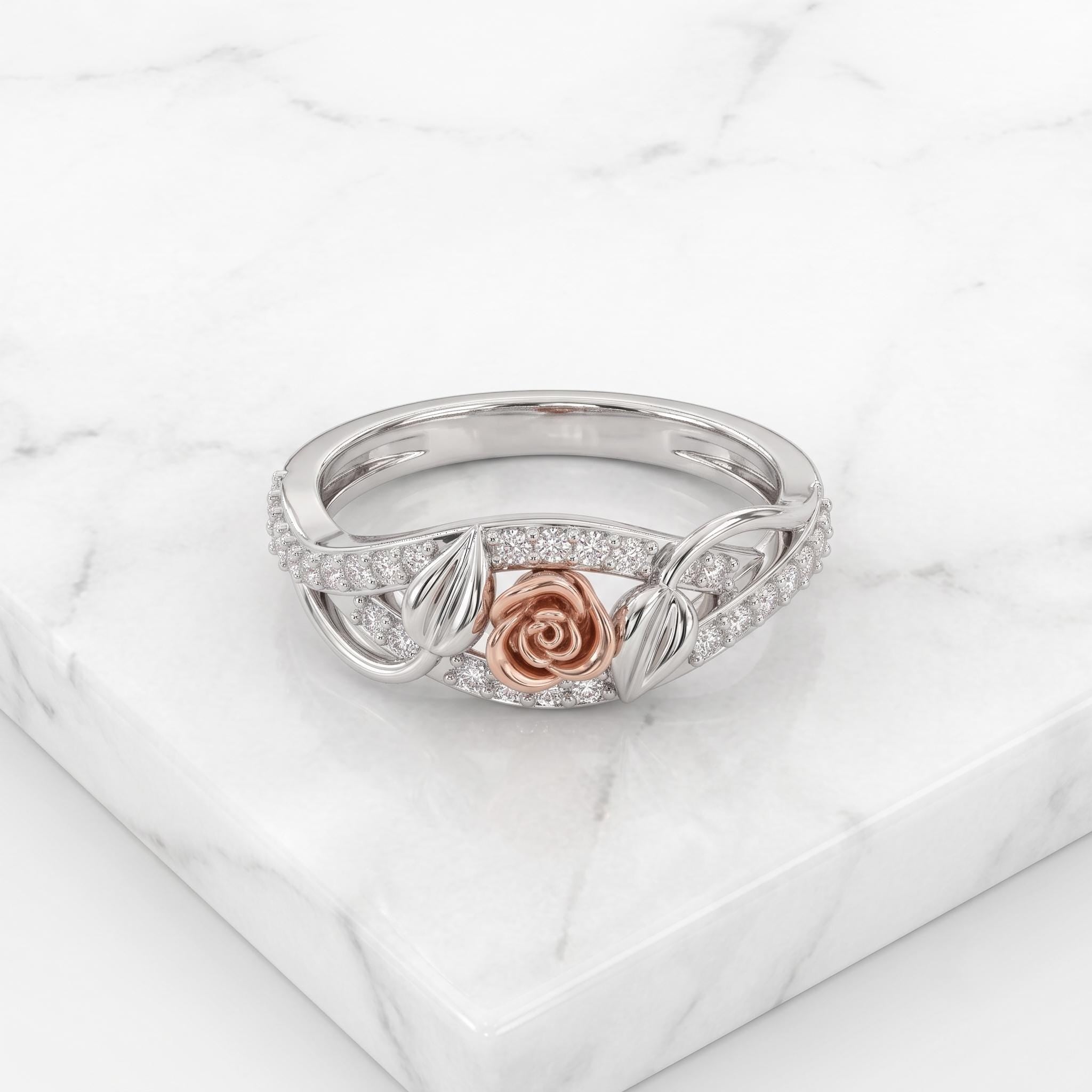 Sterling Silver Moissanite Floral Ring, Rose Gold Leaf Detail, Botanical Statement Jewelry