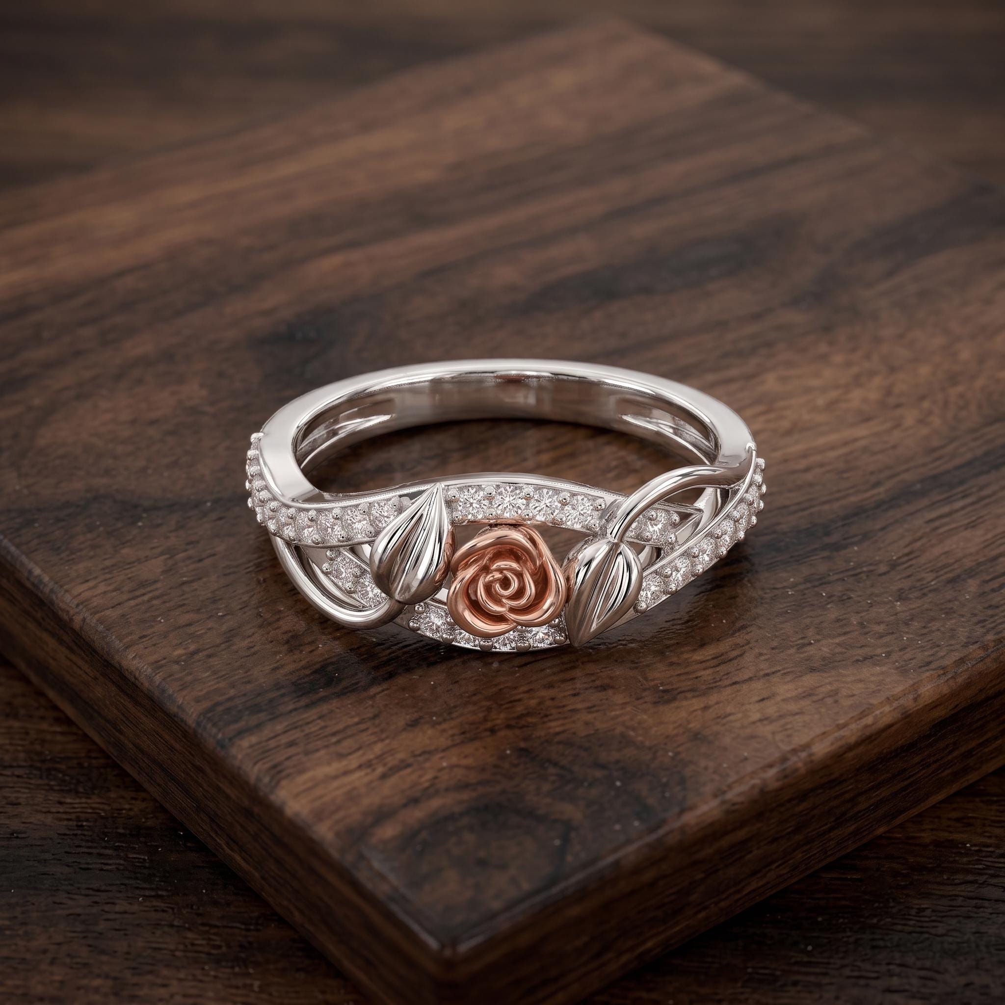 Sterling Silver Moissanite Floral Ring, Rose Gold Leaf Detail, Botanical Statement Jewelry