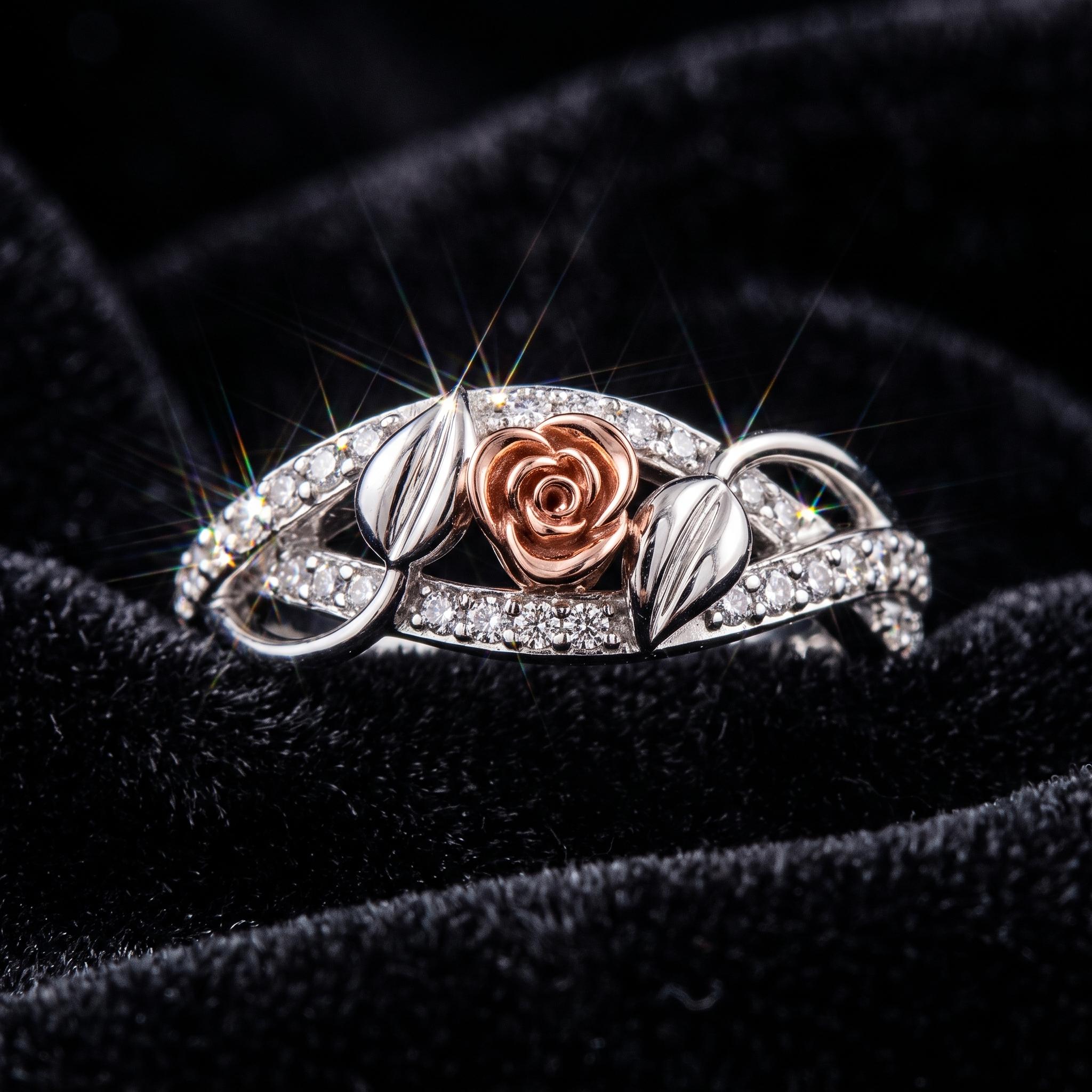Sterling Silver Moissanite Floral Ring, Rose Gold Leaf Detail, Botanical Statement Jewelry