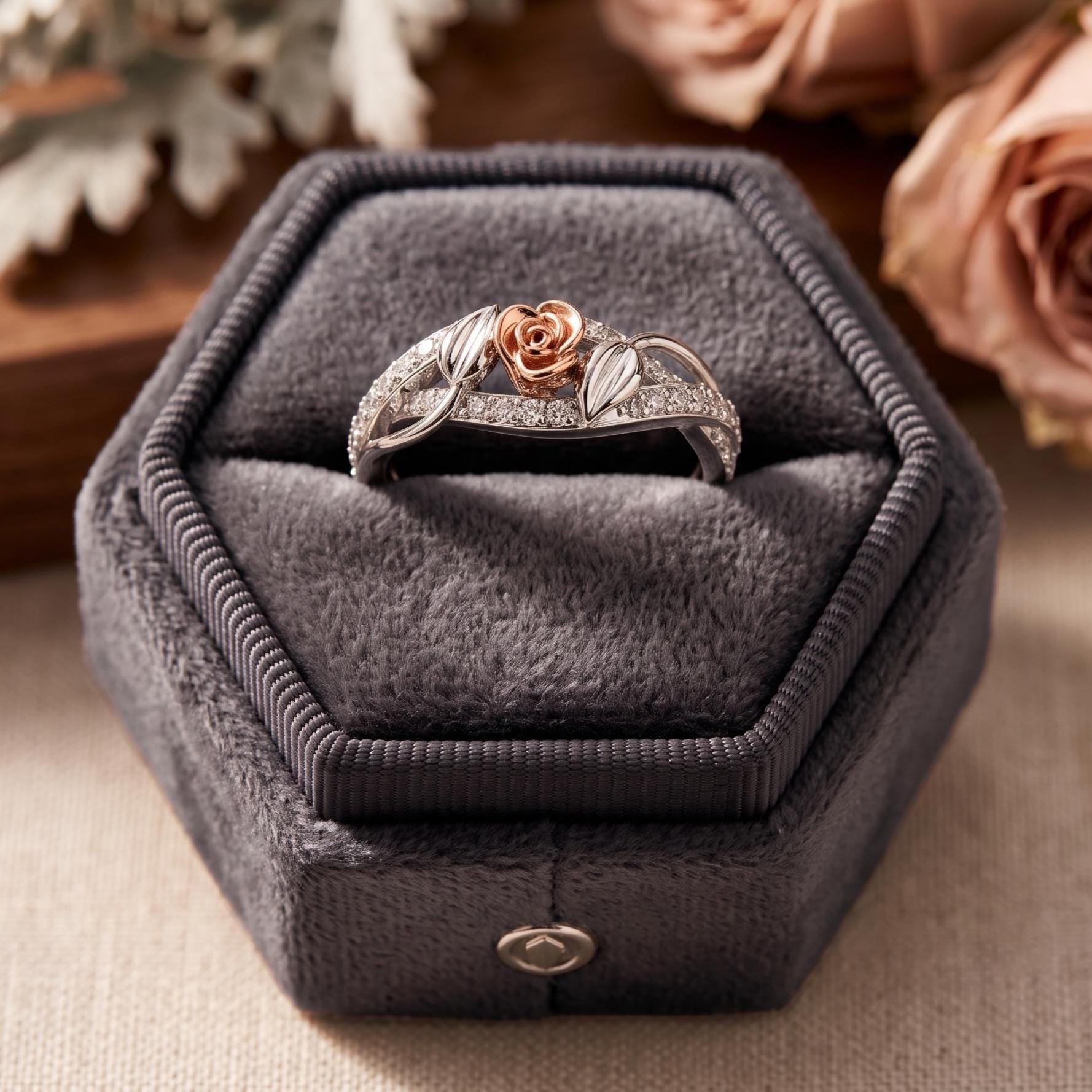 Sterling Silver Moissanite Floral Ring, Rose Gold Leaf Detail, Botanical Statement Jewelry
