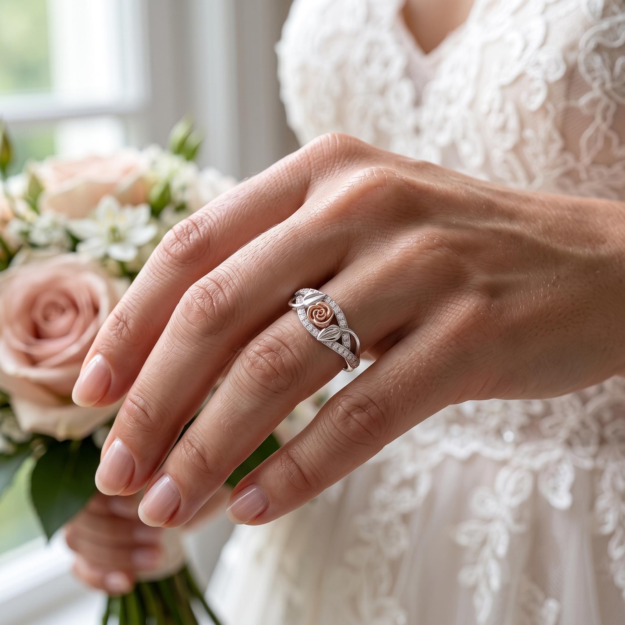 Sterling Silver Moissanite Floral Ring, Rose Gold Leaf Detail, Botanical Statement Jewelry