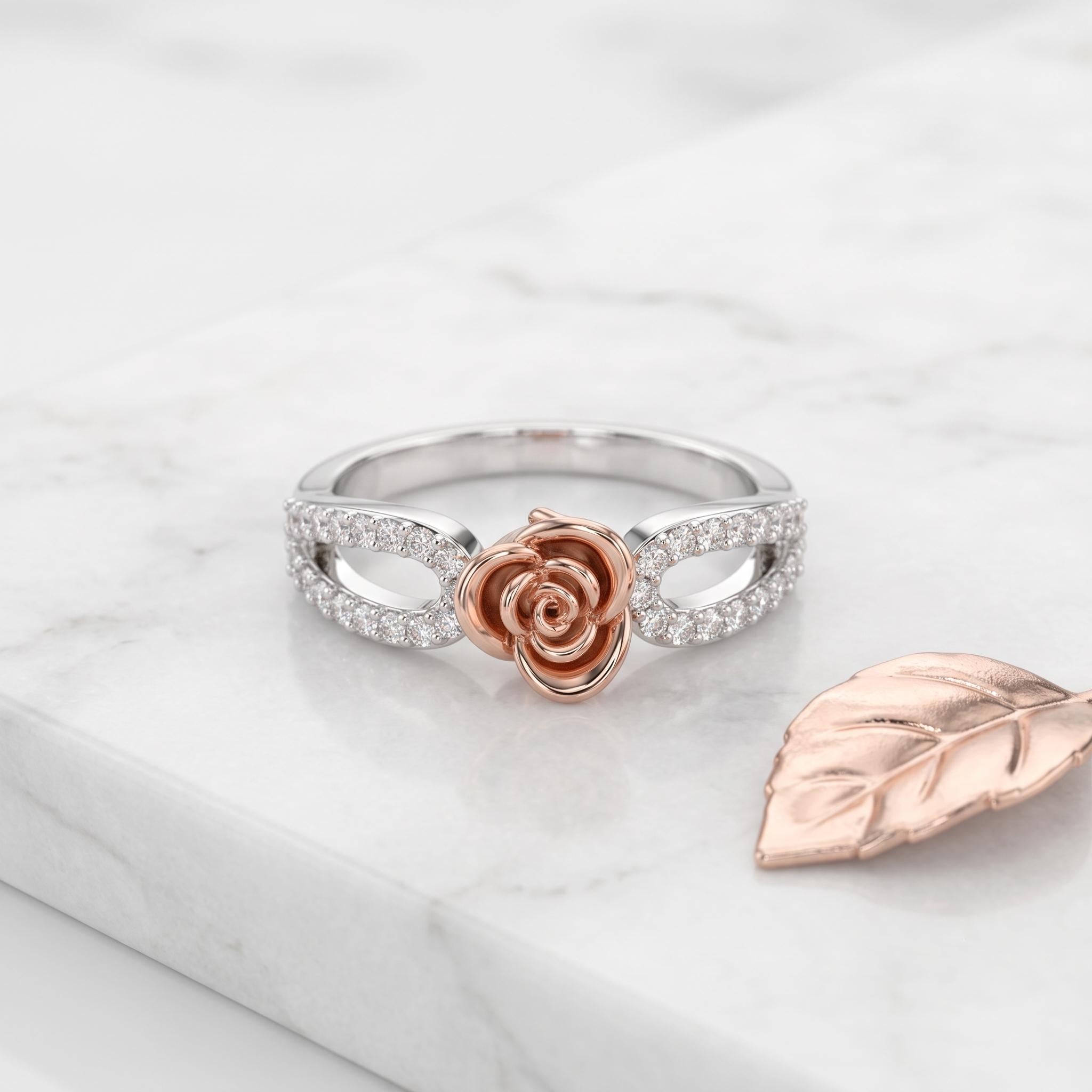 Rose Gold Moissanite Flower Ring, Sterling Silver Pave Band, Nature Inspired Jewelry