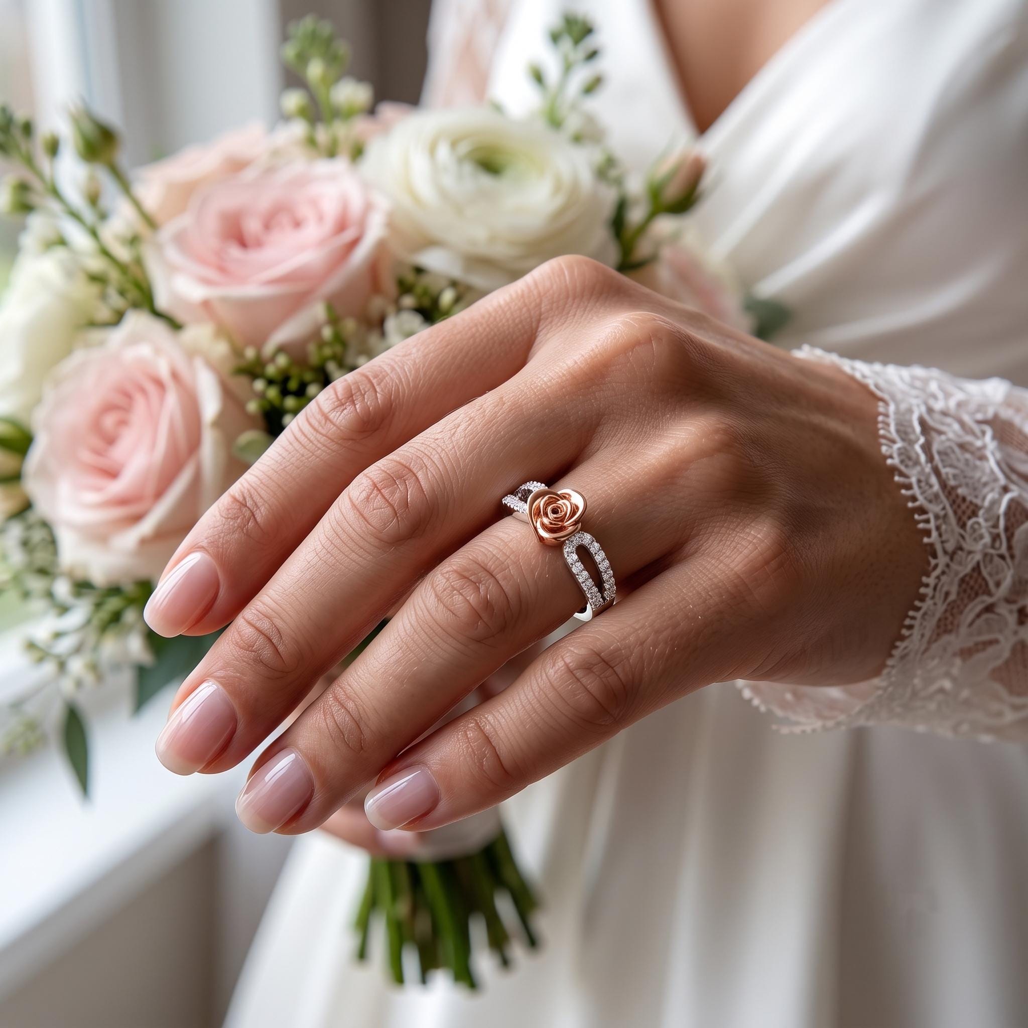 Rose Gold Moissanite Flower Ring, Sterling Silver Pave Band, Nature Inspired Jewelry