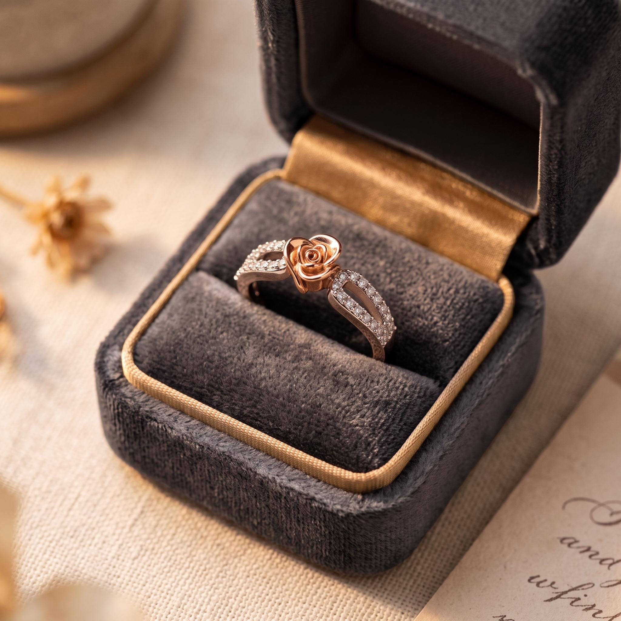 Rose Gold Moissanite Flower Ring, Sterling Silver Pave Band, Nature Inspired Jewelry