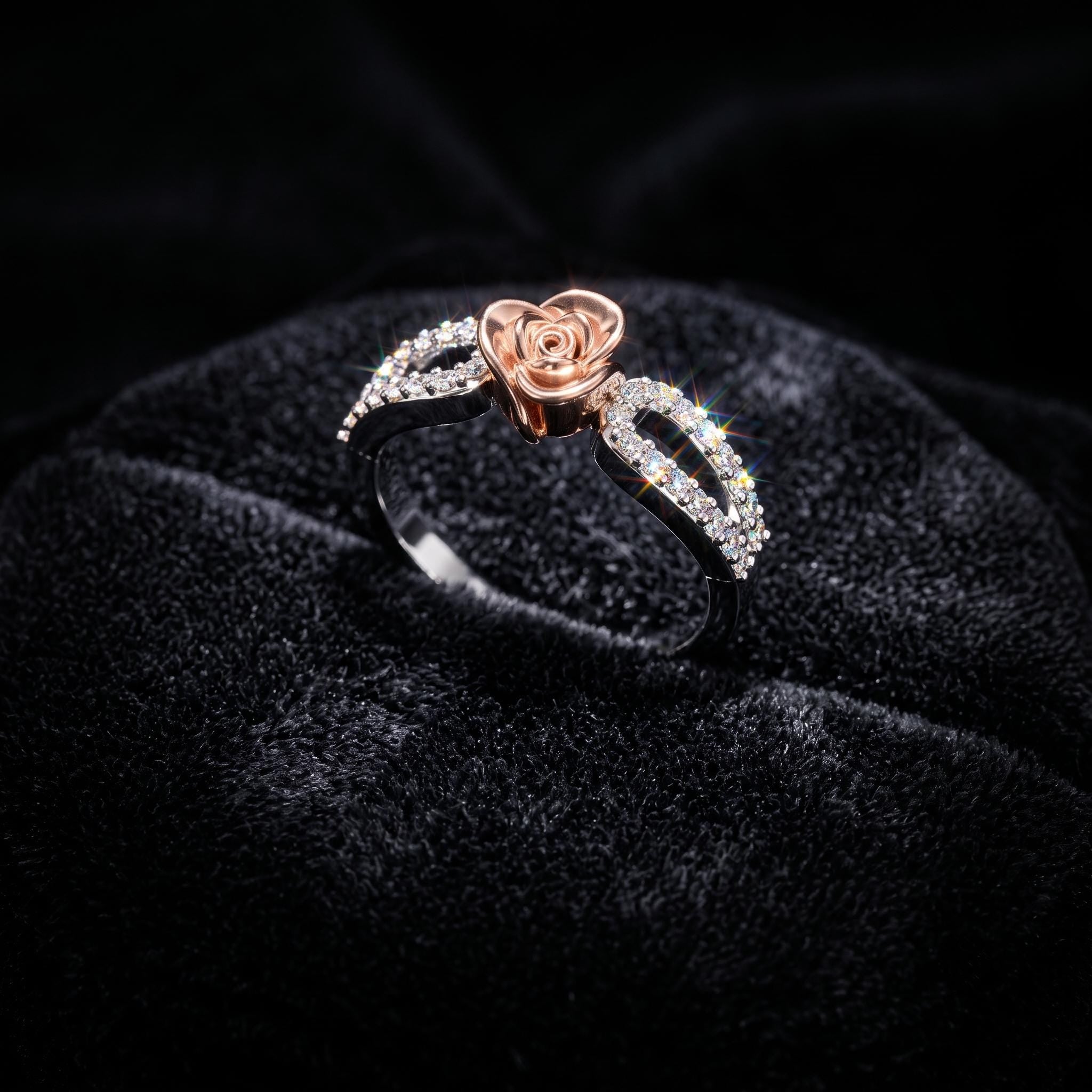 Rose Gold Moissanite Flower Ring, Sterling Silver Pave Band, Nature Inspired Jewelry