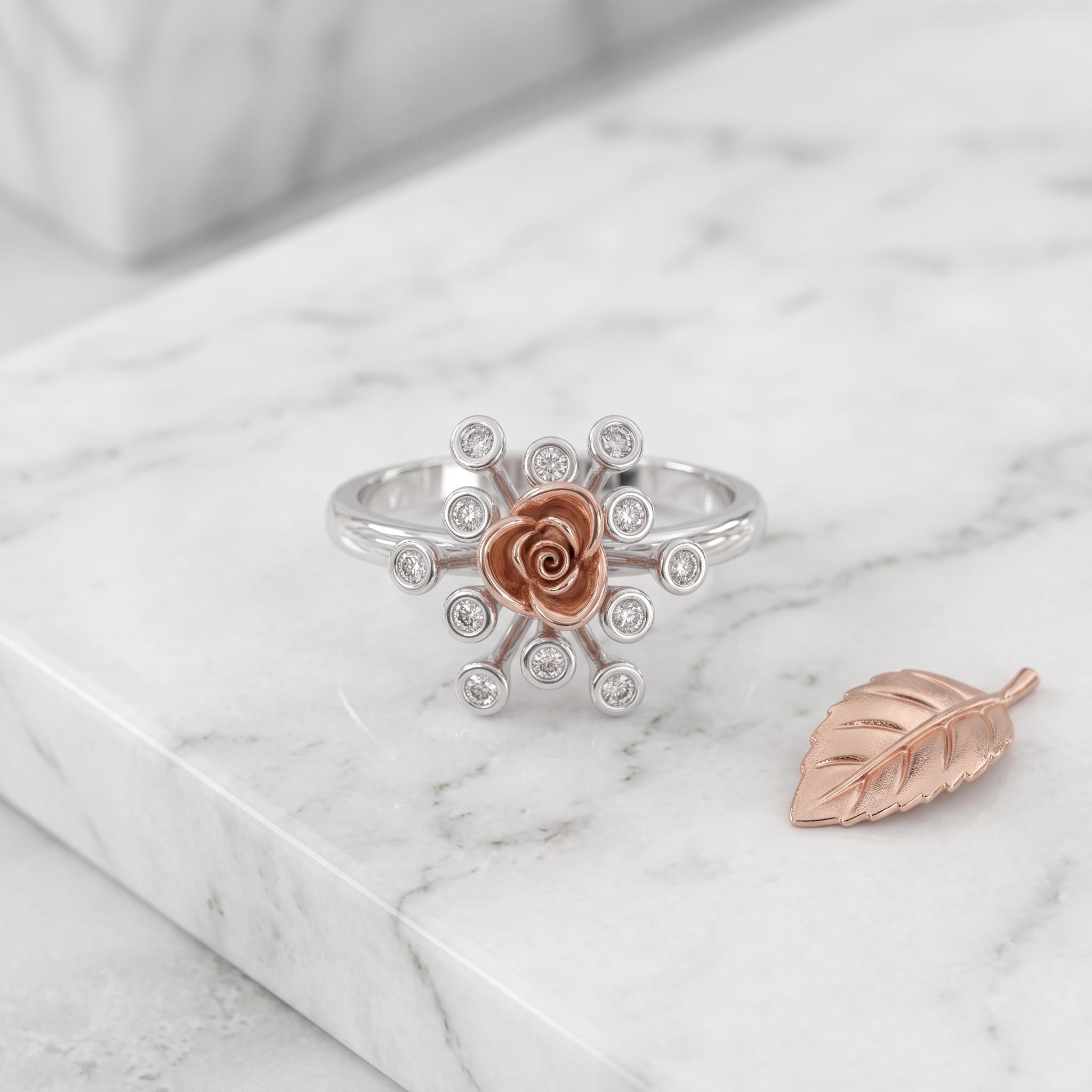 Sterling Silver Moissanite Flower Ring, Rose-Gold Tone Floral Detail, Dainty Stacking Ring