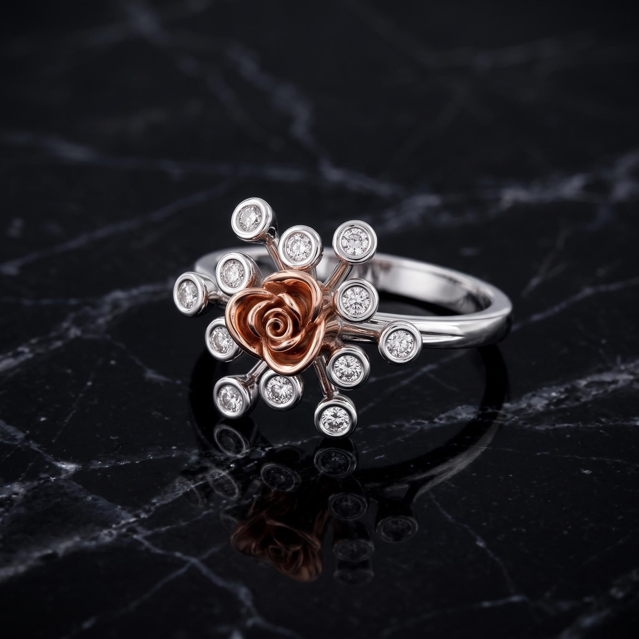 Sterling Silver Moissanite Flower Ring, Rose-Gold Tone Floral Detail, Dainty Stacking Ring